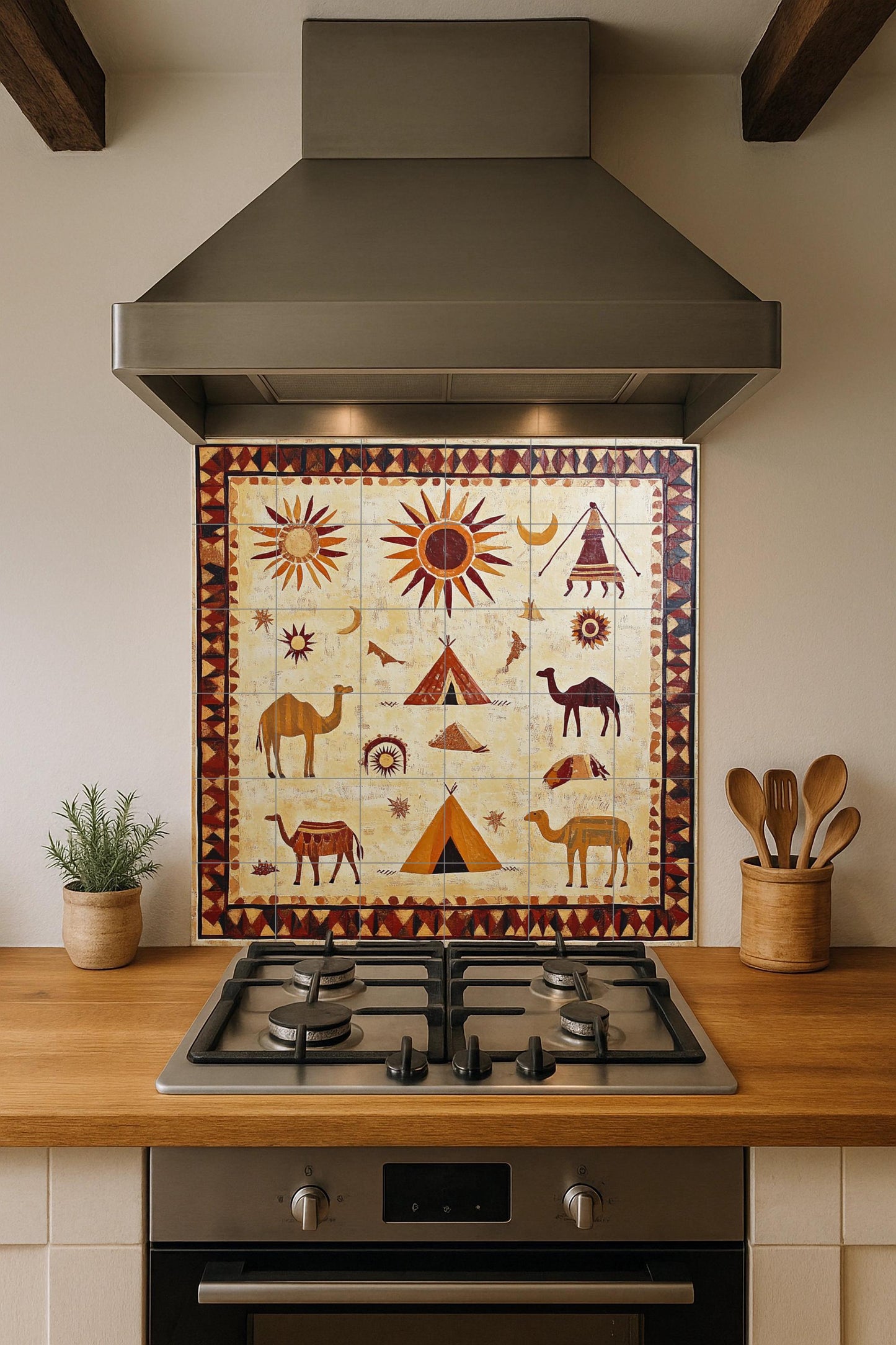 Ceramic mural of the Mauritanian desert: Mosaic art with Berber symbols, camels, suns and nomadic tents, wall panel inspired by the Sahara sand.