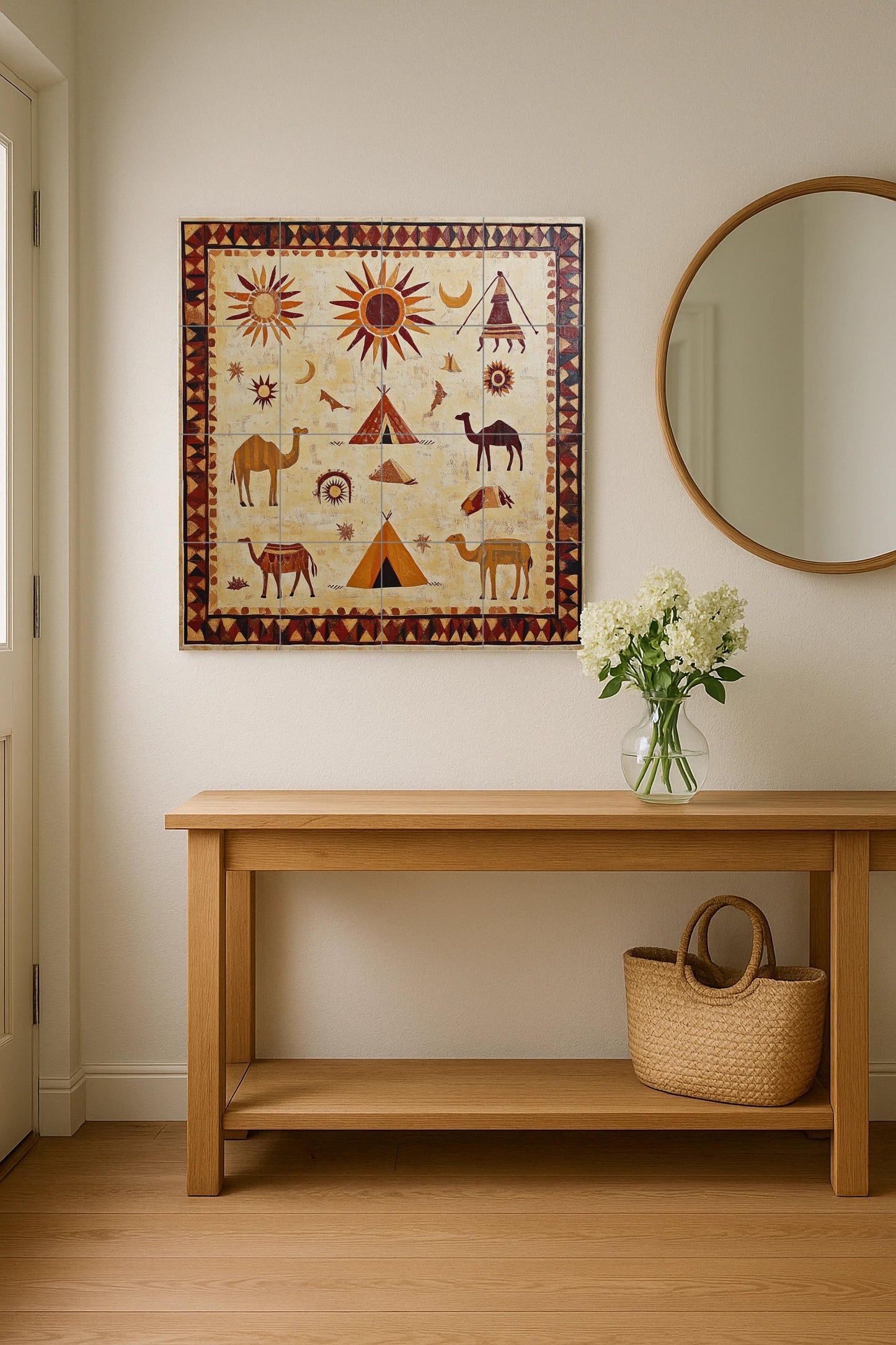 Ceramic mural of the Mauritanian desert: Mosaic art with Berber symbols, camels, suns and nomadic tents, wall panel inspired by the Sahara sand.