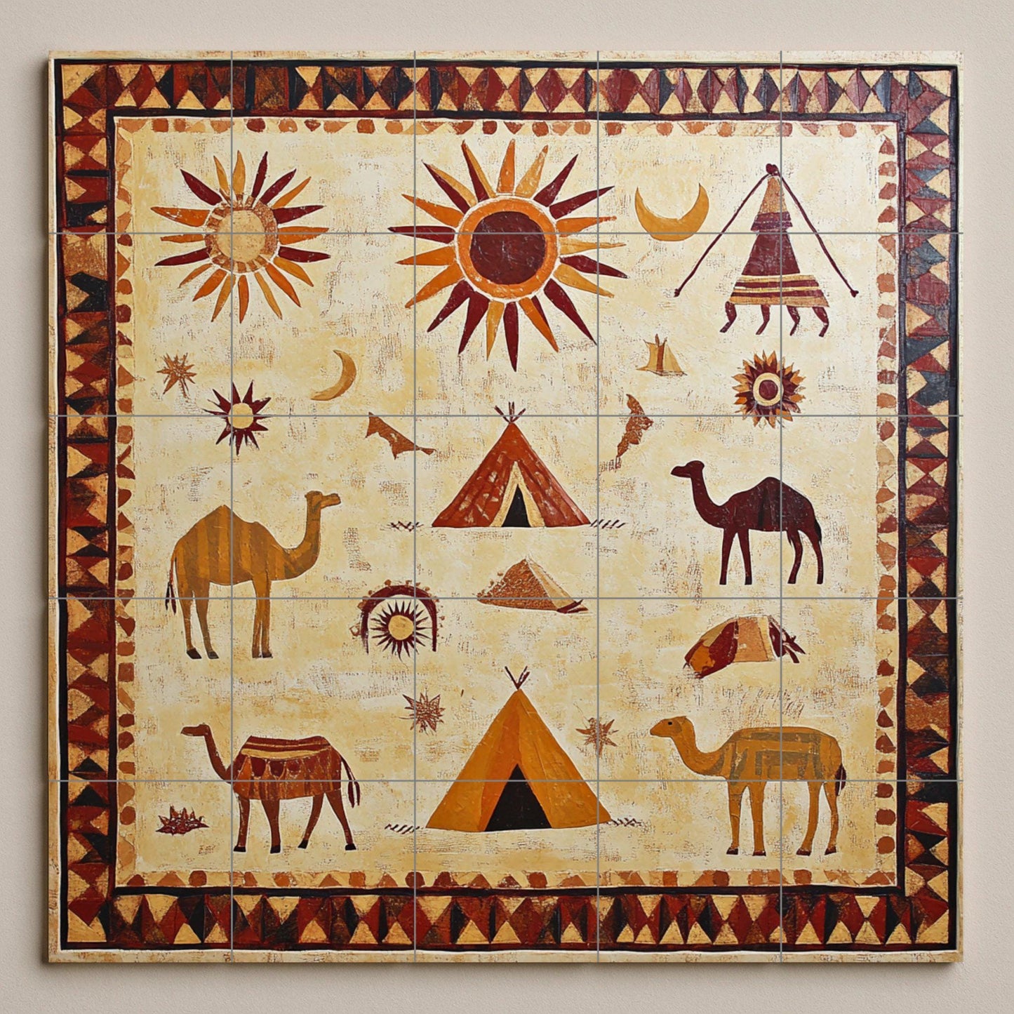 Ceramic mural of the Mauritanian desert: Mosaic art with Berber symbols, camels, suns and nomadic tents, wall panel inspired by the Sahara sand.