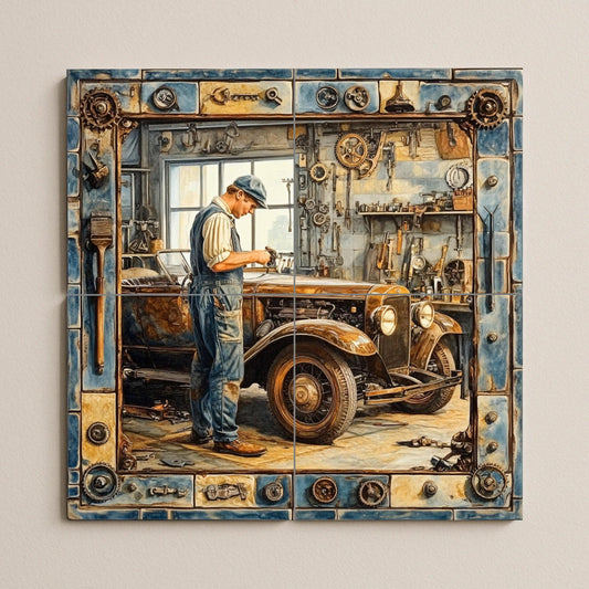 Vintage Garage Ceramic Mural: Classic Car Repair Tile Art, Mechanic Shop Scene, Industrial Wall Panel, Retro Automotive Decor