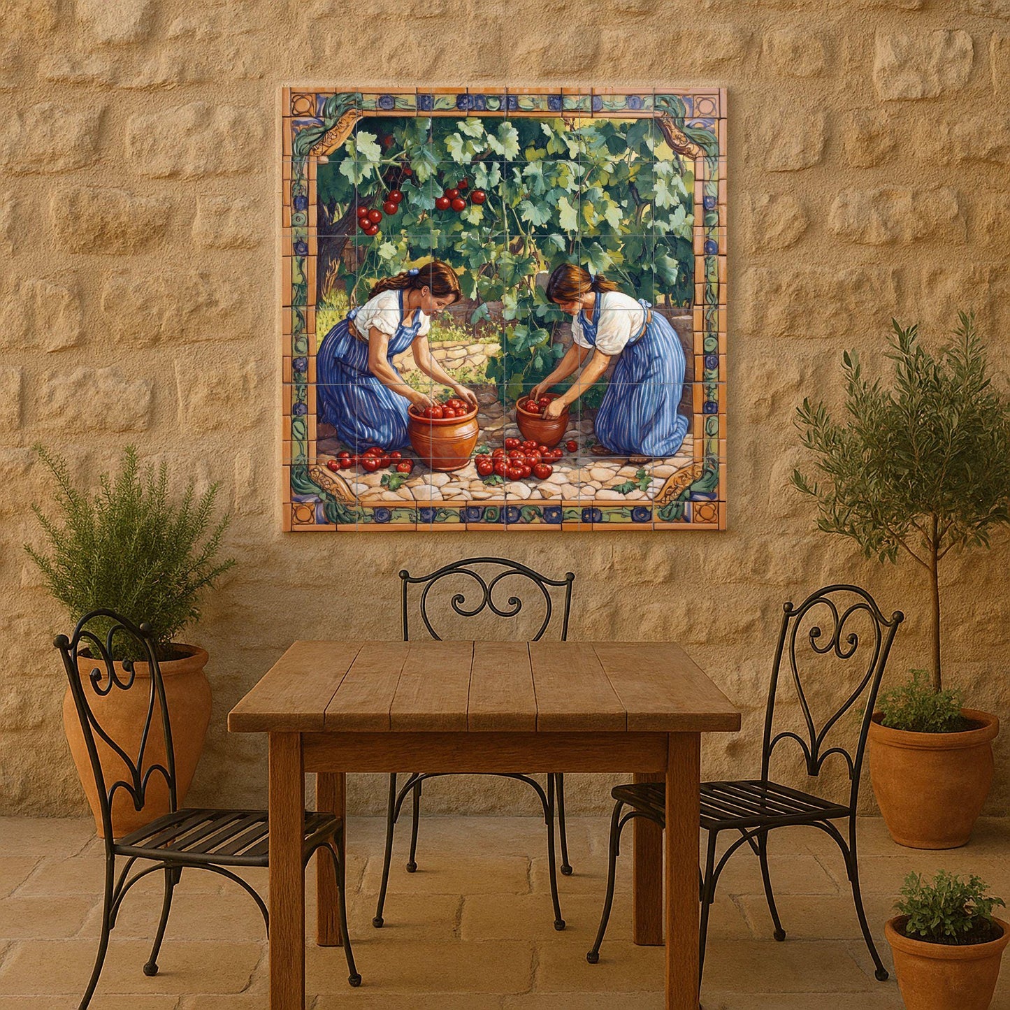 Mediterranean ceramic mural: Handmade tile art with a woman harvesting tomatoes, rustic rural scene, decorative panel for garden wall.