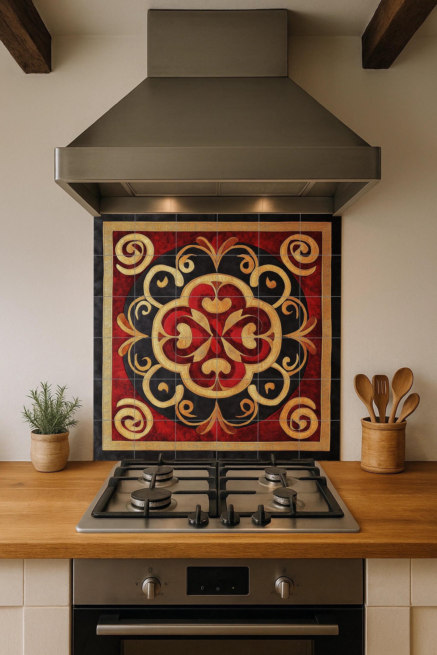 Ornamental ceramic mural: red and gold spiral floral art, decorative table piece, elegant patterned panel, eye-catching design.