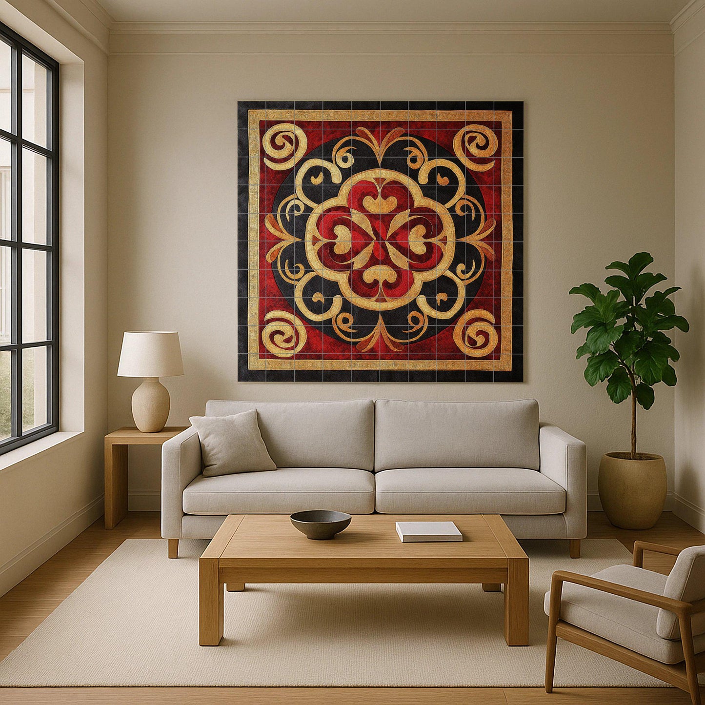 Ornamental ceramic mural: red and gold spiral floral art, decorative table piece, elegant patterned panel, eye-catching design.