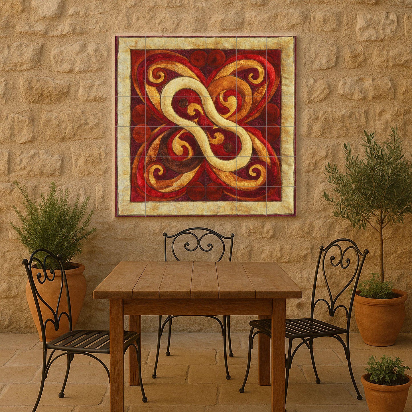 Ceramic mural with Mongolian knot: felt-inspired tile art with red and gold swirls, yurt decorative motif, striking abstract wall detail.