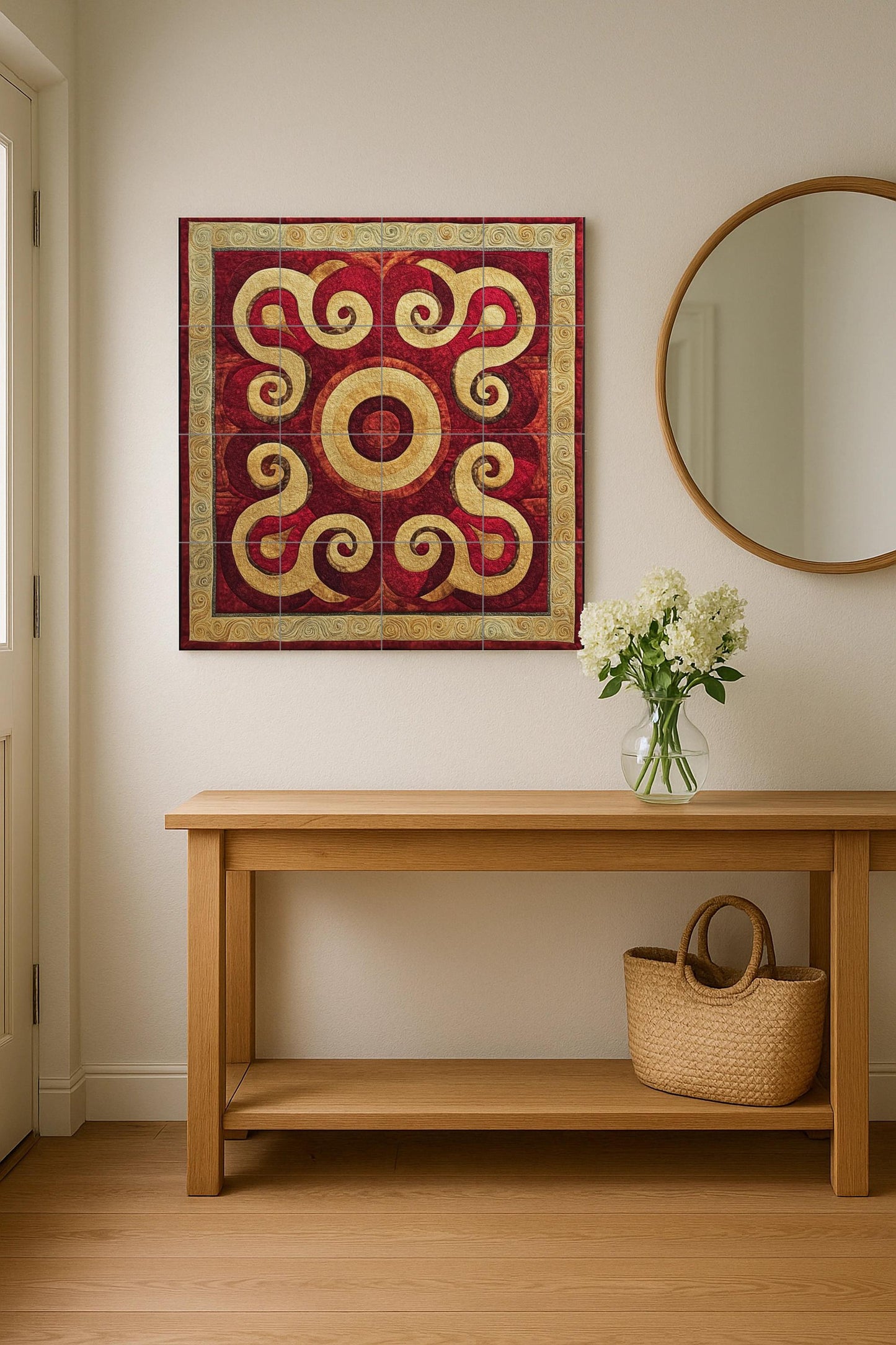 Central Asian ceramic mural: Silk Road inspired tile art, Samarkand and Bukhara motif, wall panel with golden spirals, decorative nomadic design.