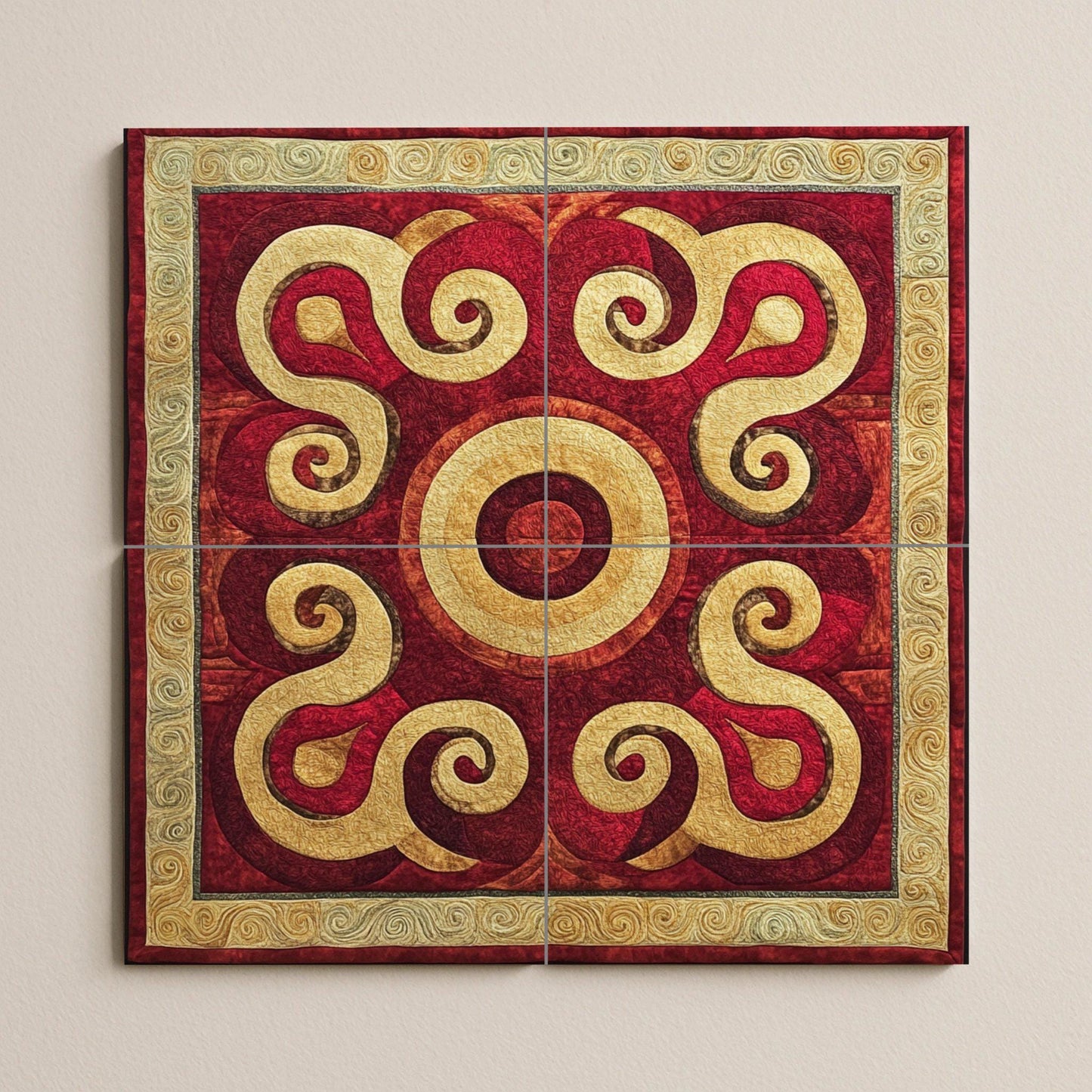 Central Asian ceramic mural: Silk Road inspired tile art, Samarkand and Bukhara motif, wall panel with golden spirals, decorative nomadic design.