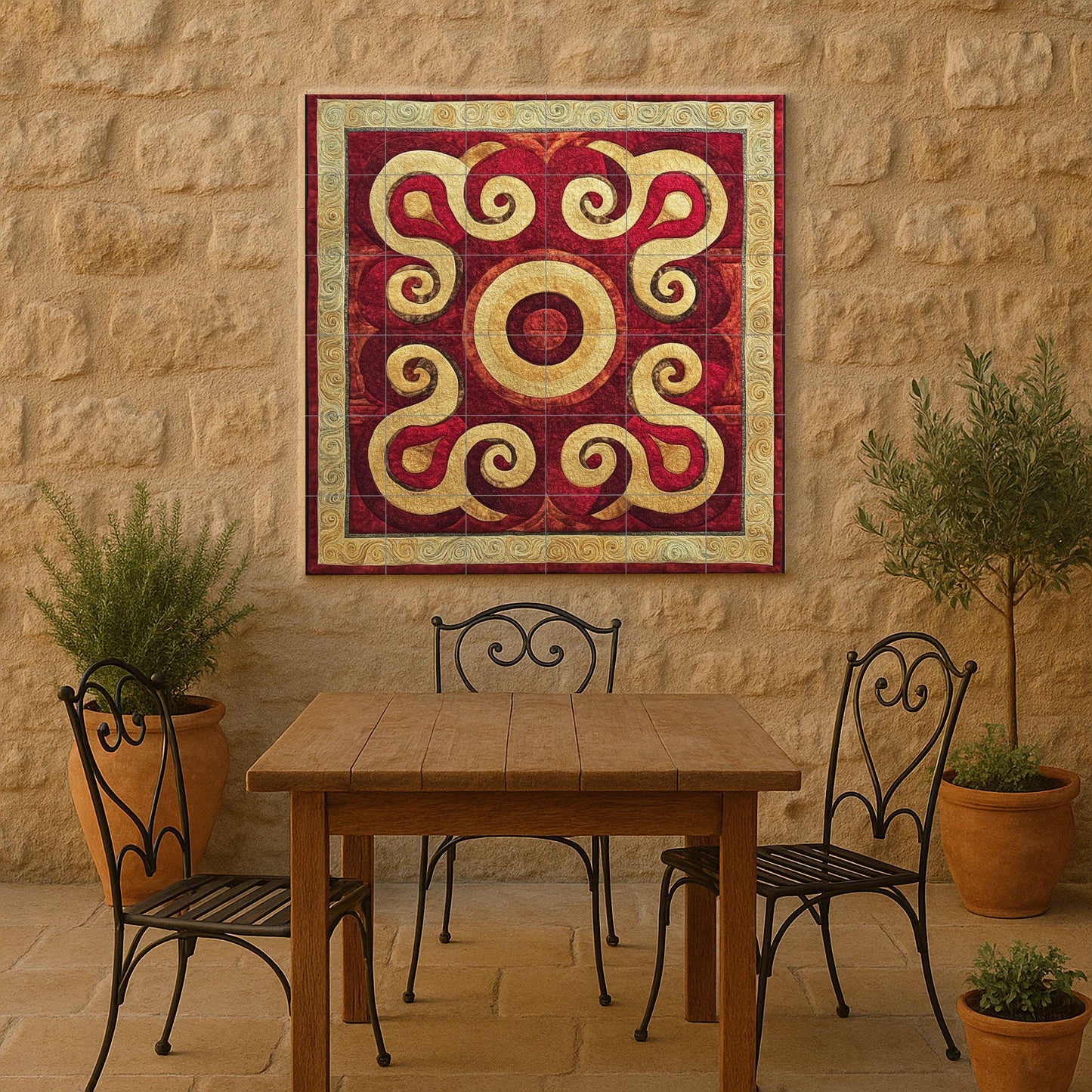 Central Asian ceramic mural: Silk Road inspired tile art, Samarkand and Bukhara motif, wall panel with golden spirals, decorative nomadic design.