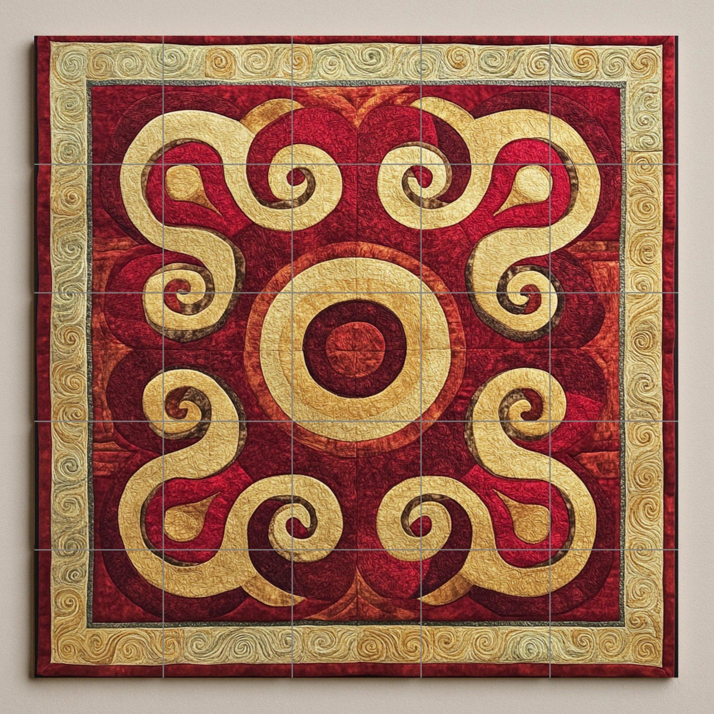 Central Asian ceramic mural: Silk Road inspired tile art, Samarkand and Bukhara motif, wall panel with golden spirals, decorative nomadic design.