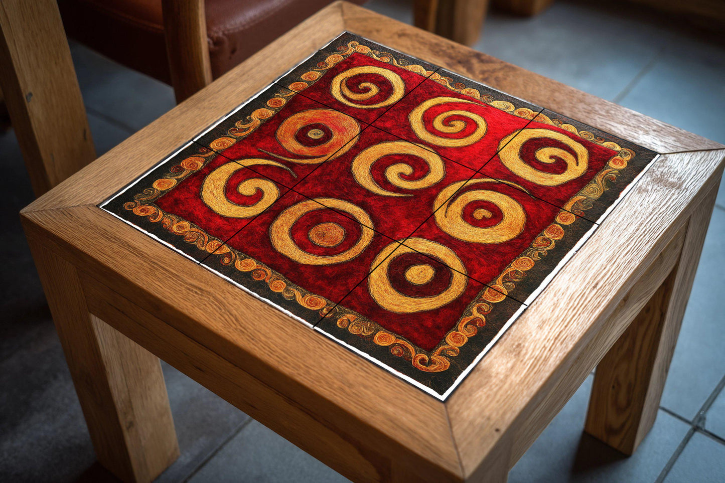 Golden Spiral Ceramic Mural: Tile art with swirls in deep red and ochre, a striking abstract wall detail, decorative panel with dynamic patterns