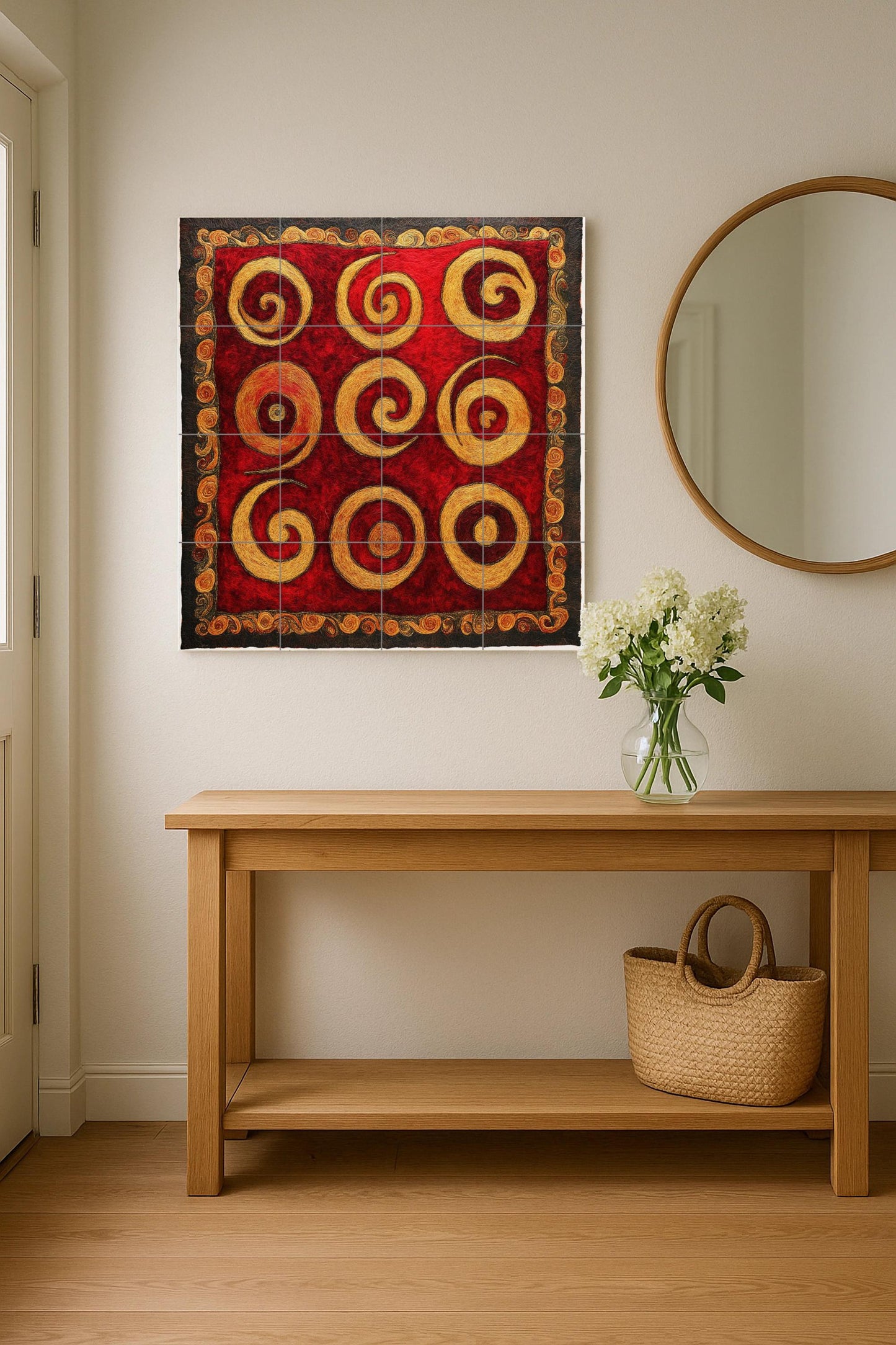 Golden Spiral Ceramic Mural: Tile art with swirls in deep red and ochre, a striking abstract wall detail, decorative panel with dynamic patterns