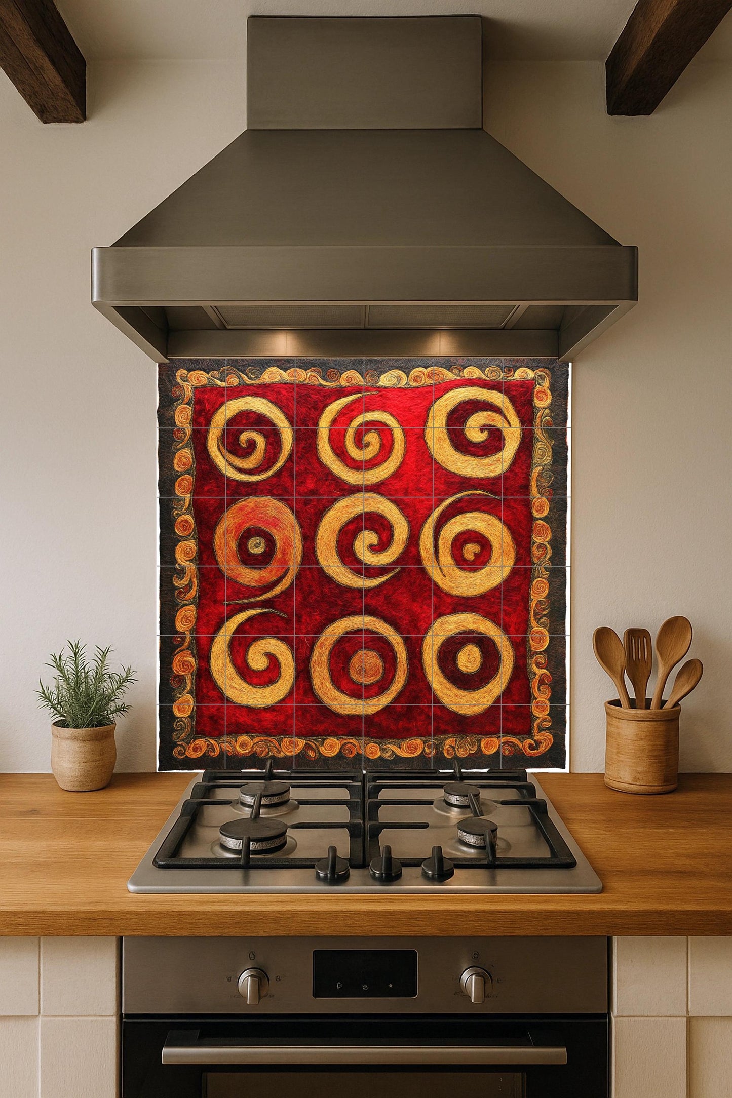 Golden Spiral Ceramic Mural: Tile art with swirls in deep red and ochre, a striking abstract wall detail, decorative panel with dynamic patterns