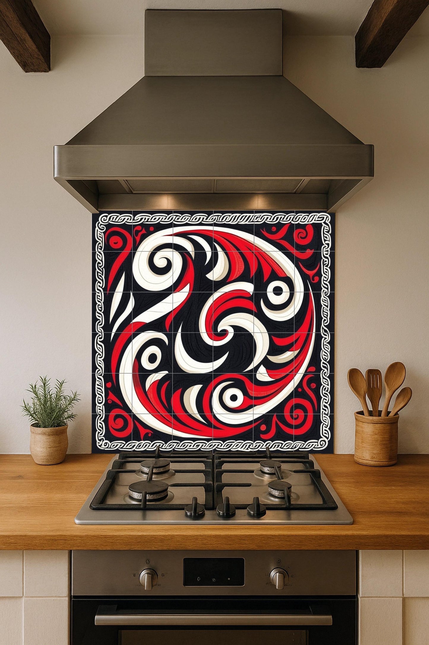 Dynamic abstract ceramic mural: wall art with red and black swirls, decorative tile set, geometric details, modern and bold design.