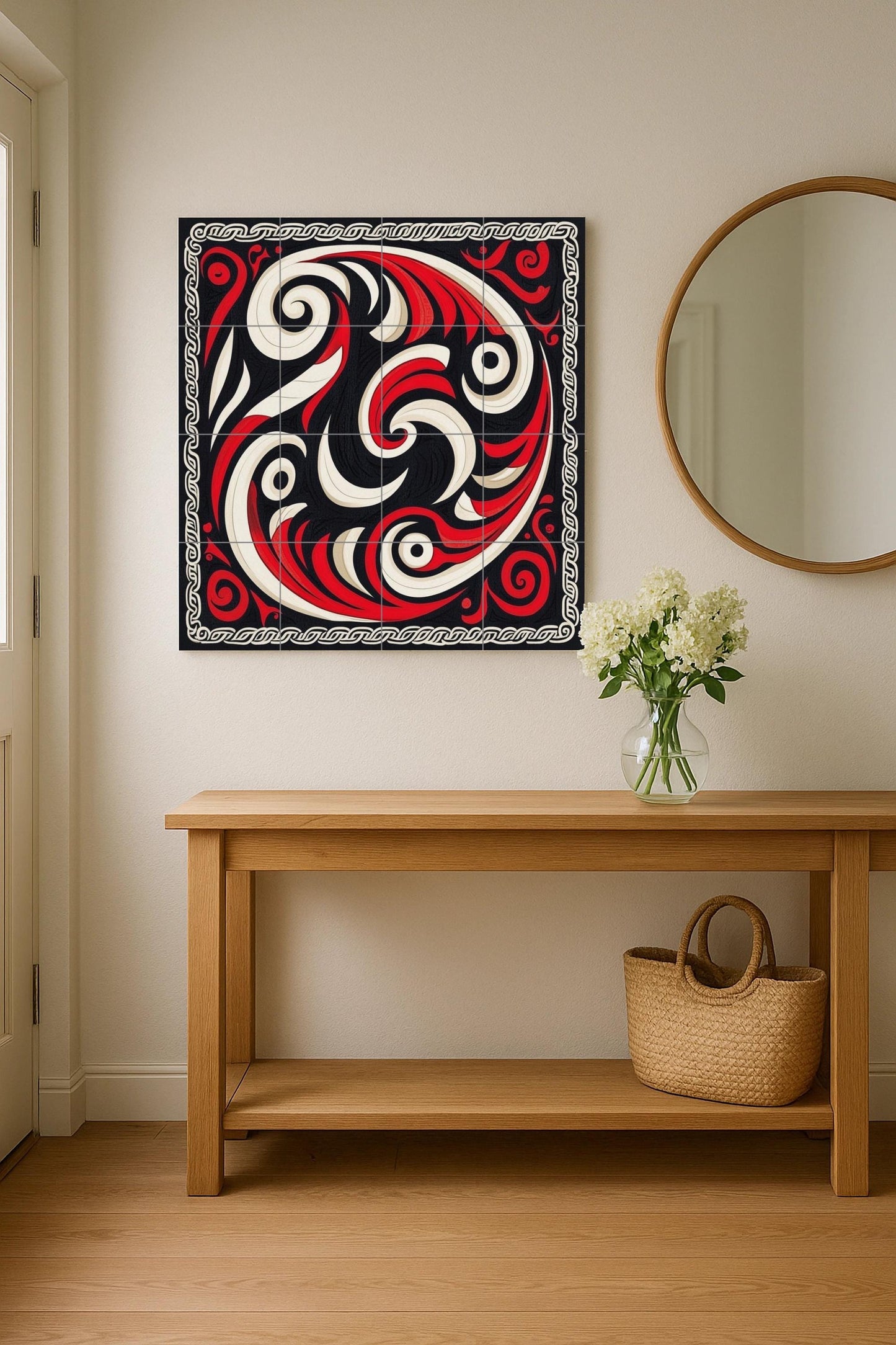 Dynamic abstract ceramic mural: wall art with red and black swirls, decorative tile set, geometric details, modern and bold design.
