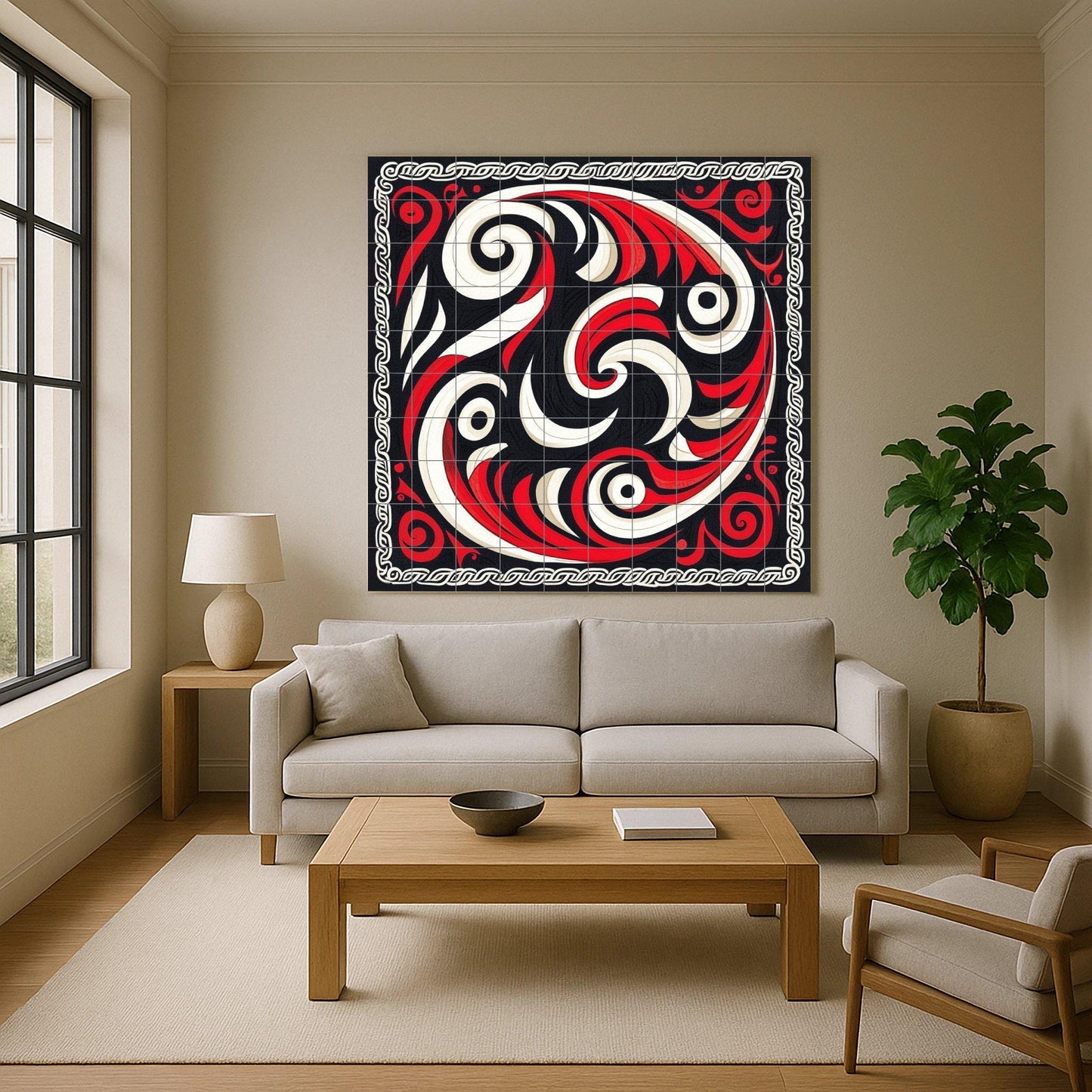 Dynamic abstract ceramic mural: wall art with red and black swirls, decorative tile set, geometric details, modern and bold design.