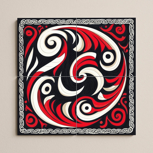 Dynamic abstract ceramic mural: wall art with red and black swirls, decorative tile set, geometric details, modern and bold design.