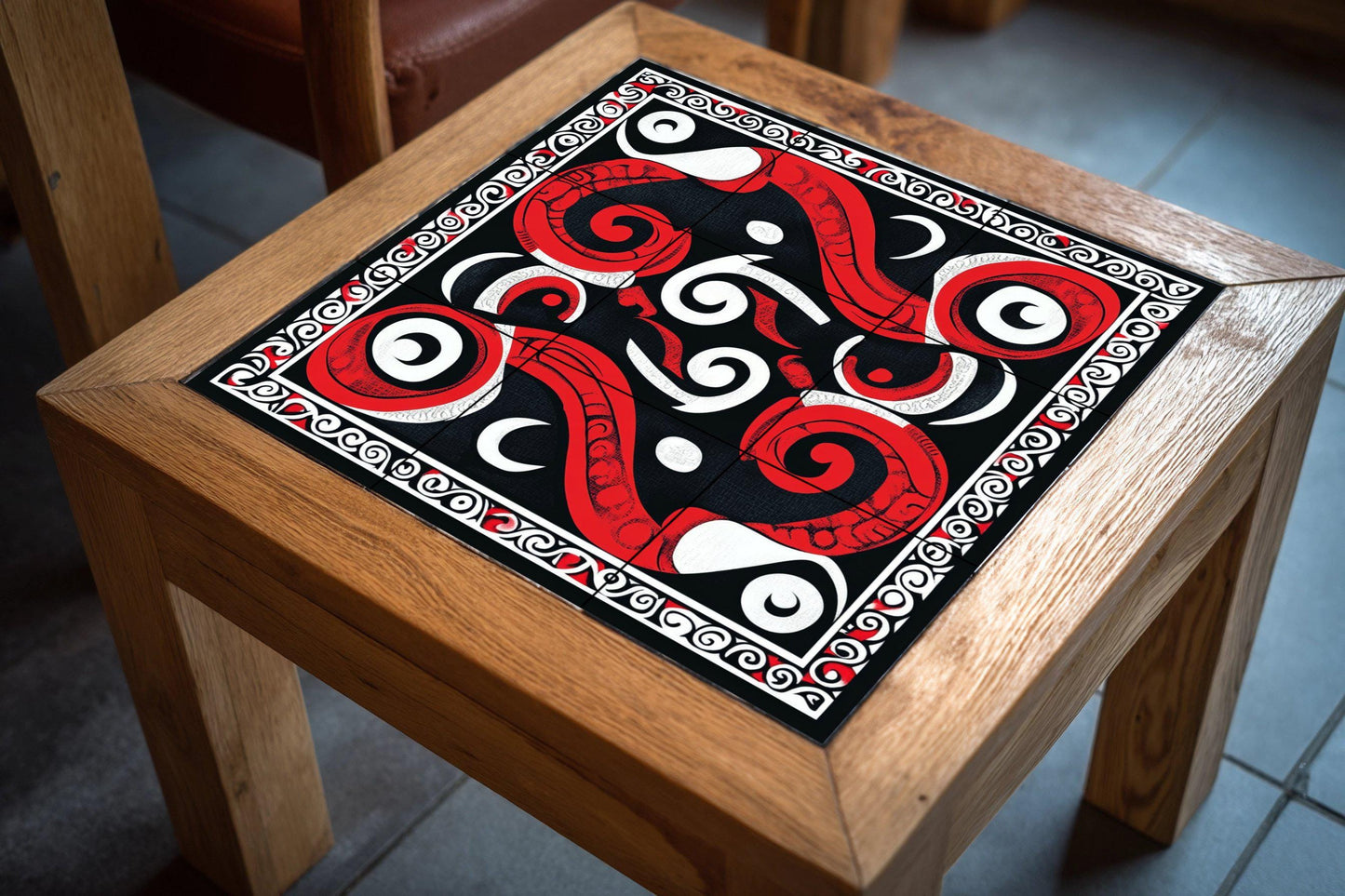 Maori ceramic mural Kōwhaiwhai: Tribal artwork with spiral tiles, red, white and black geometric mural art, cultural decorative ceramic panel.