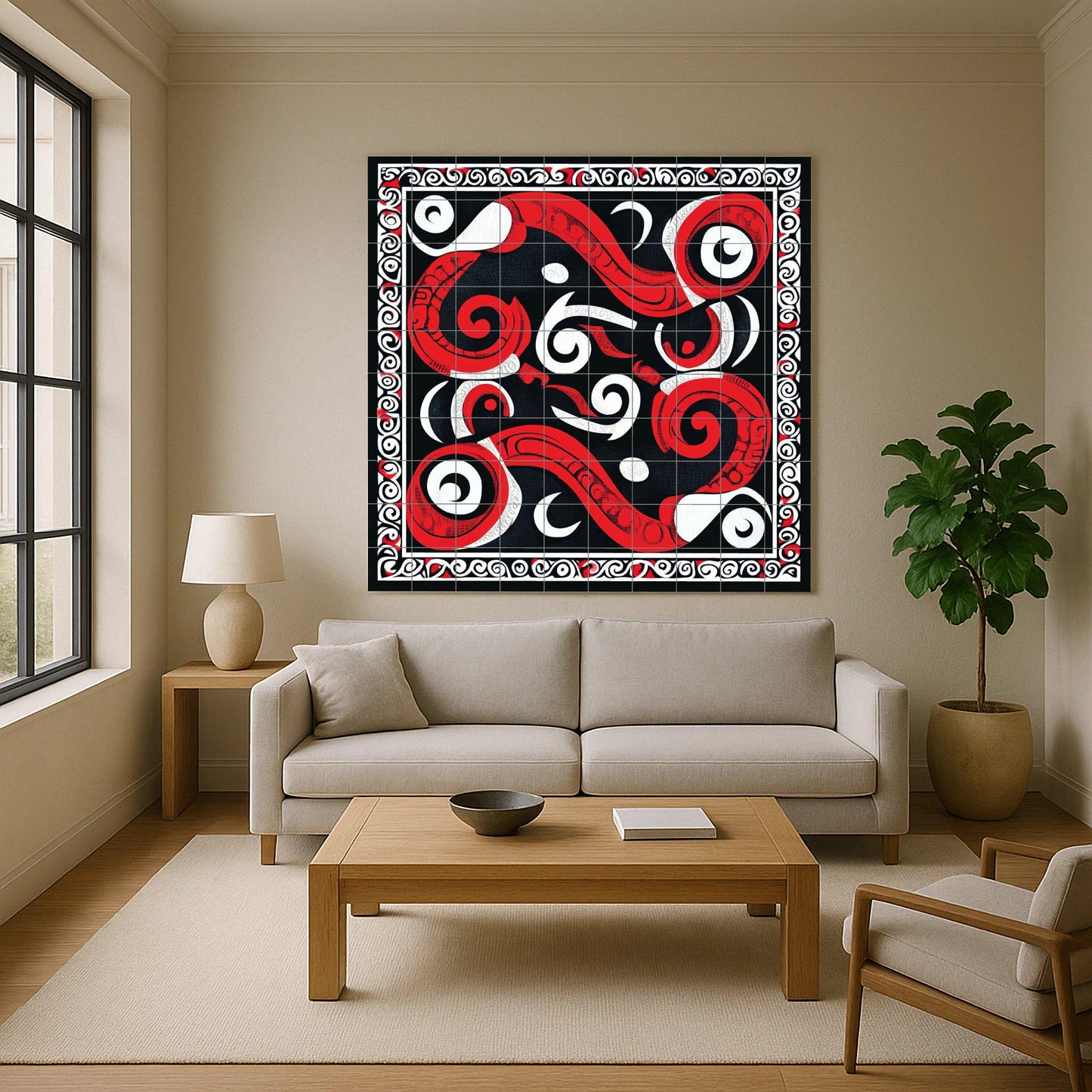 Maori ceramic mural Kōwhaiwhai: Tribal artwork with spiral tiles, red, white and black geometric mural art, cultural decorative ceramic panel.