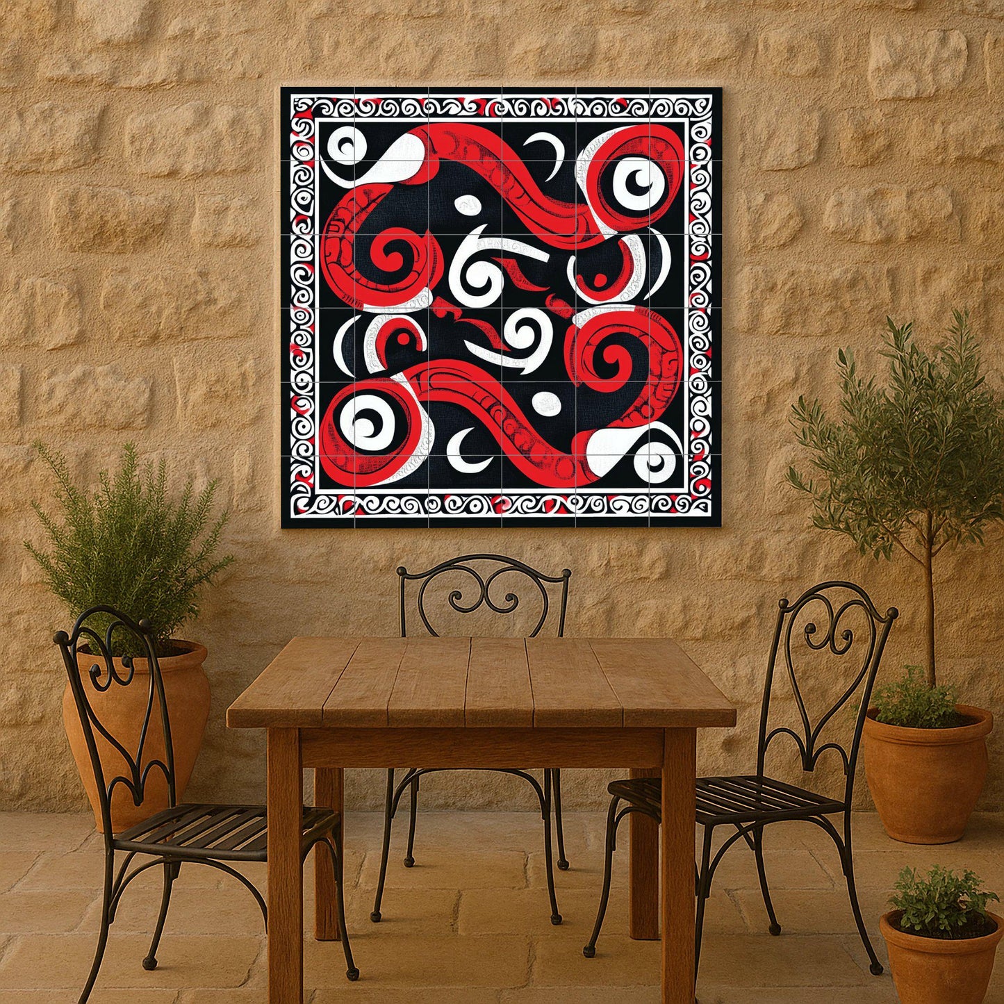 Maori ceramic mural Kōwhaiwhai: Tribal artwork with spiral tiles, red, white and black geometric mural art, cultural decorative ceramic panel.