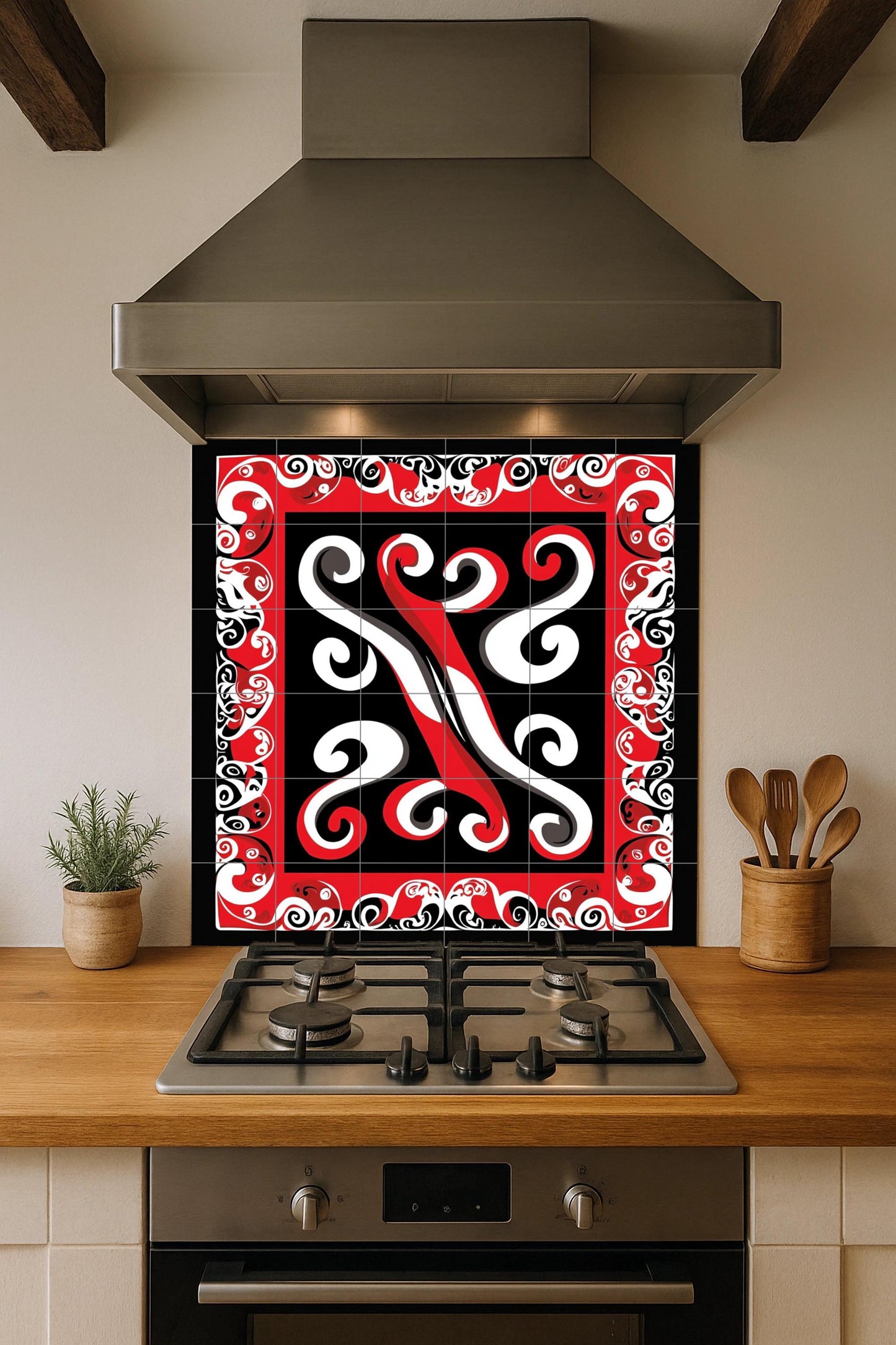 Polynesian Tribal Ceramic Mural: Maori-inspired tile artwork with abstract design in red, black and white, cultural decorative wall art.