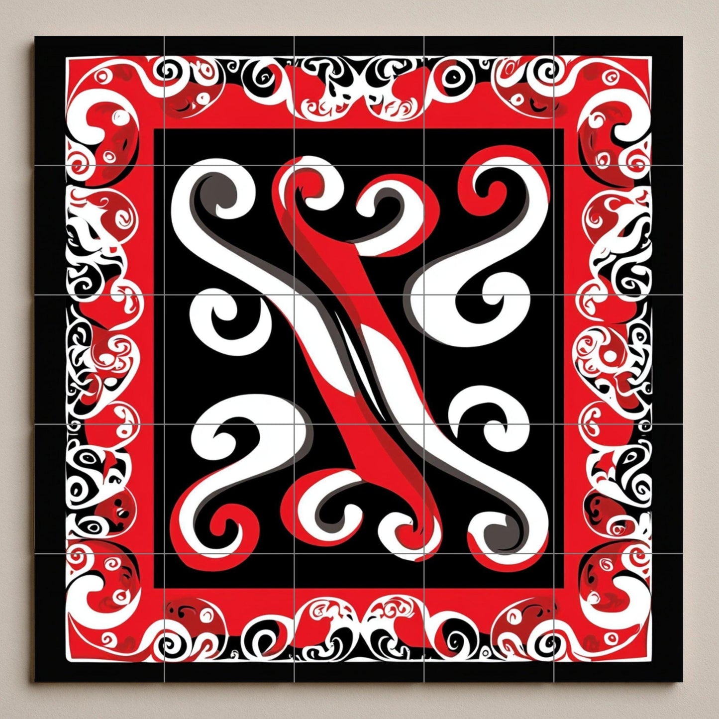 Polynesian Tribal Ceramic Mural: Maori-inspired tile artwork with abstract design in red, black and white, cultural decorative wall art.