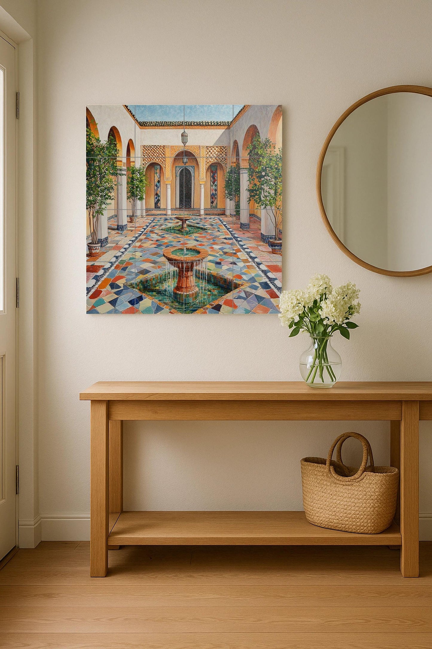 Ceramic mural of a Moroccan riad with a fountain in the courtyard: zellige mosaic, mural art with an Islamic arch, decorative ceramic panel