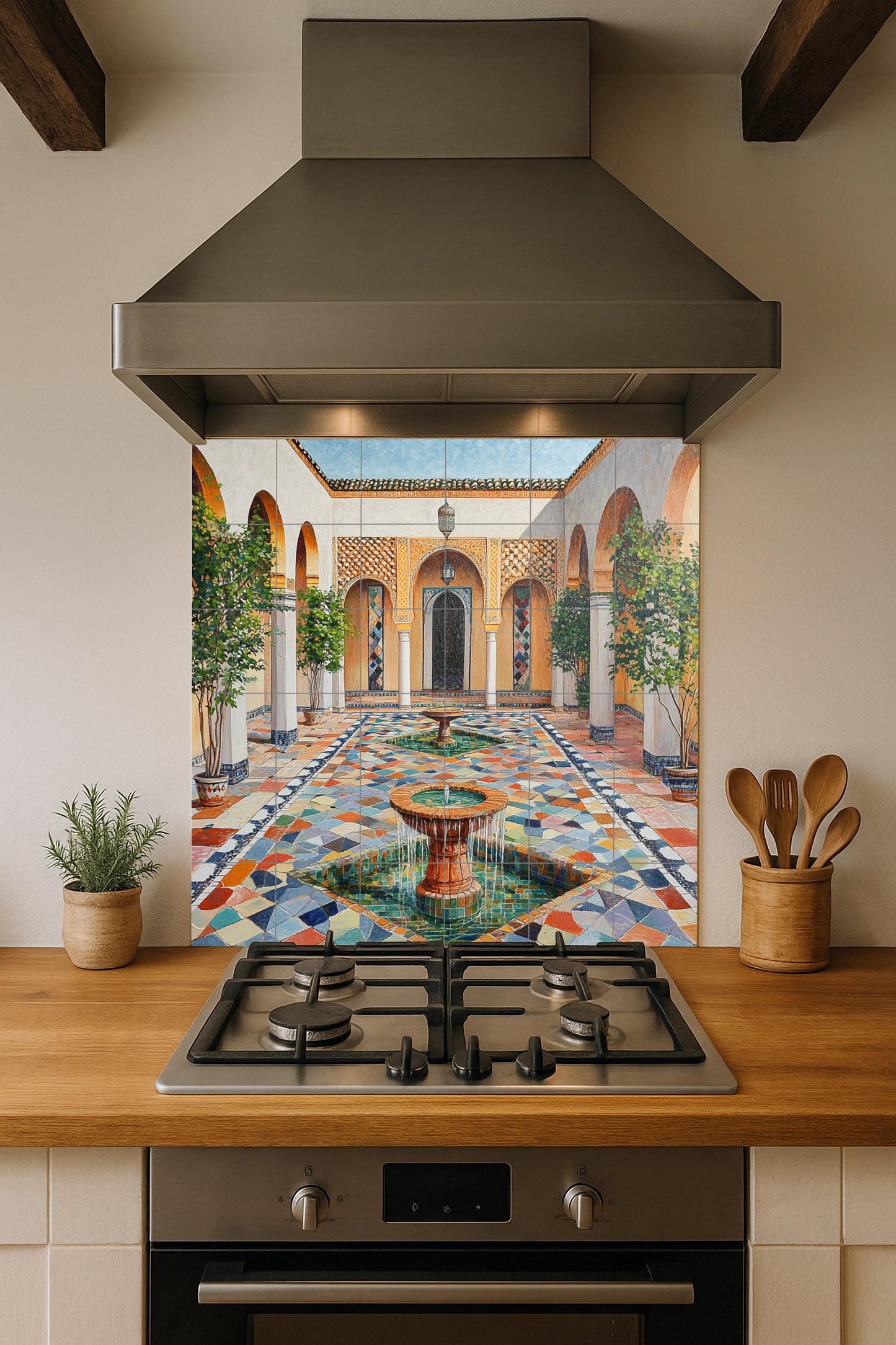 Ceramic mural of a Moroccan riad with a fountain in the courtyard: zellige mosaic, mural art with an Islamic arch, decorative ceramic panel