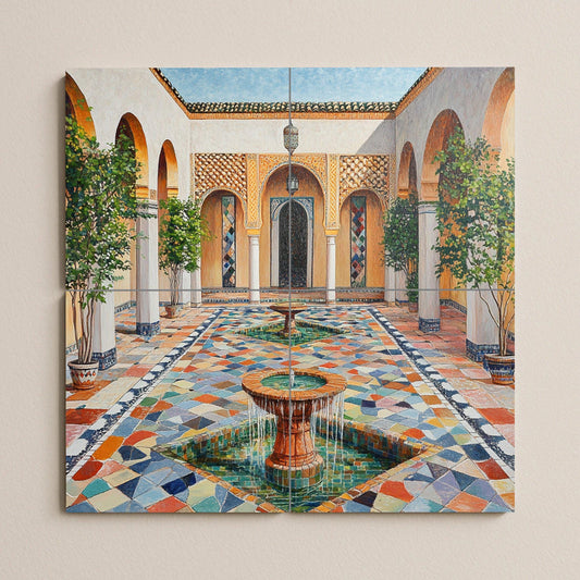 Ceramic mural of a Moroccan riad with a fountain in the courtyard: zellige mosaic, mural art with an Islamic arch, decorative ceramic panel