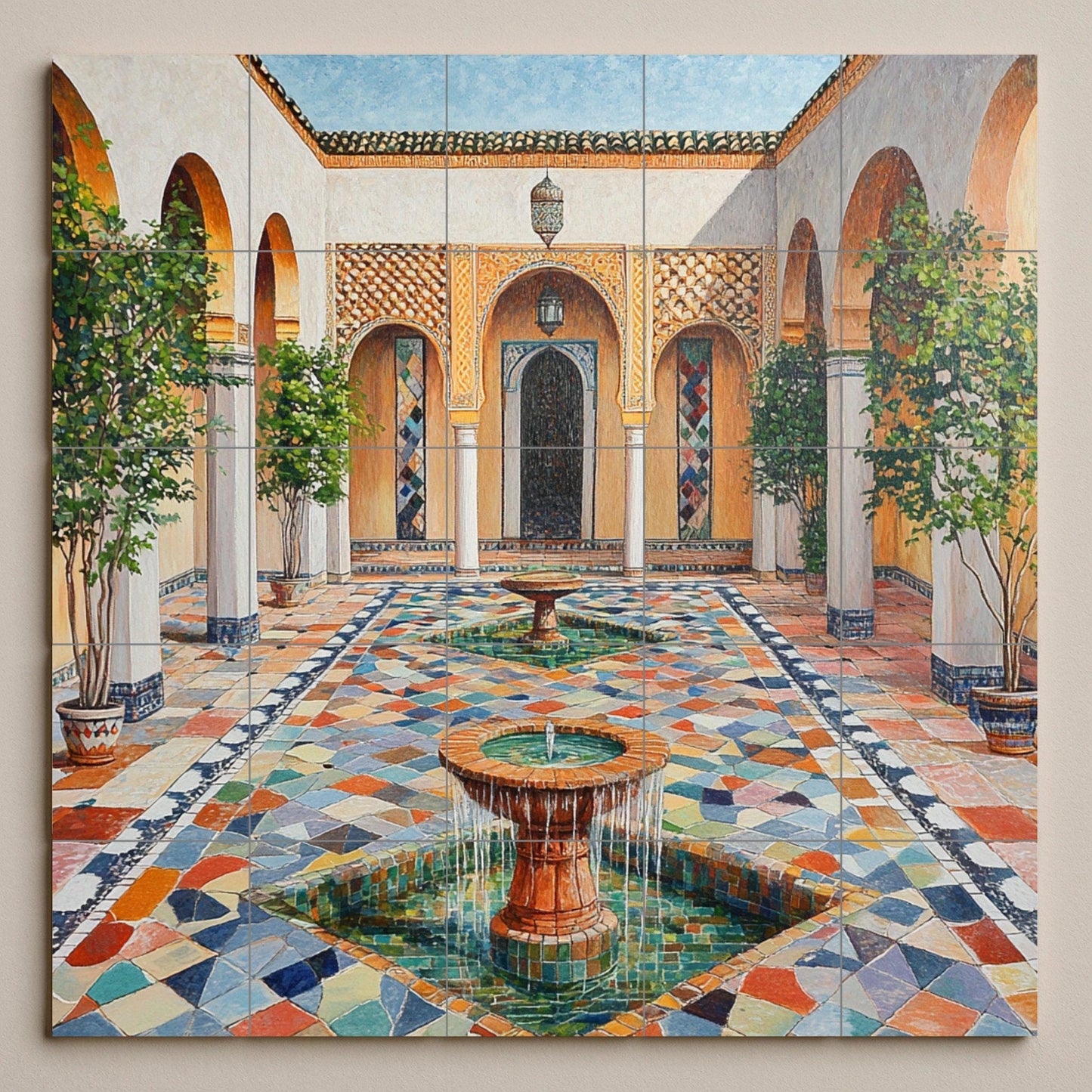 Ceramic mural of a Moroccan riad with a fountain in the courtyard: zellige mosaic, mural art with an Islamic arch, decorative ceramic panel