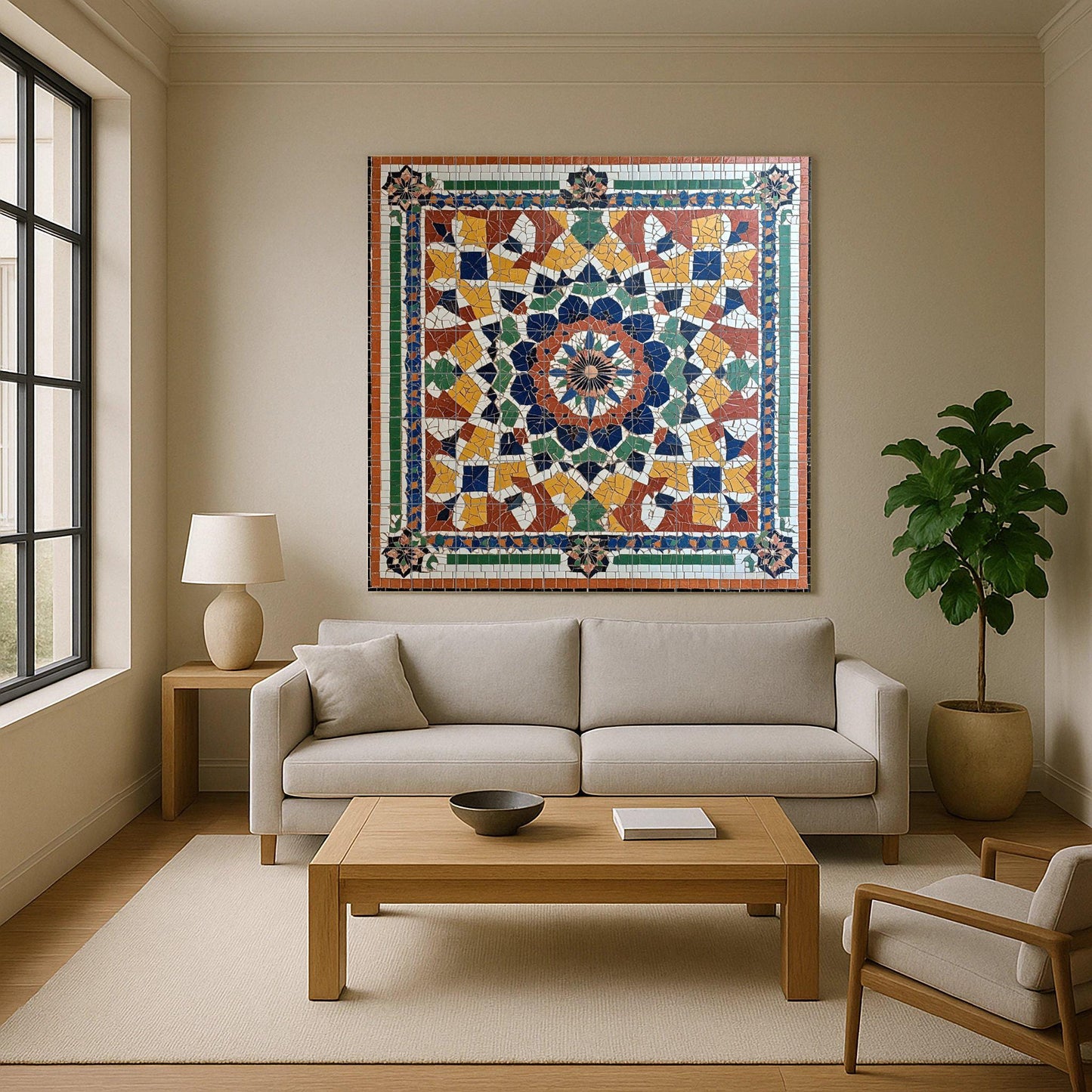 Moroccan ceramic mural with zellige mosaic: artwork with multicolored geometric tiles, Islamic arabesque mural art, decorative ceramic panel