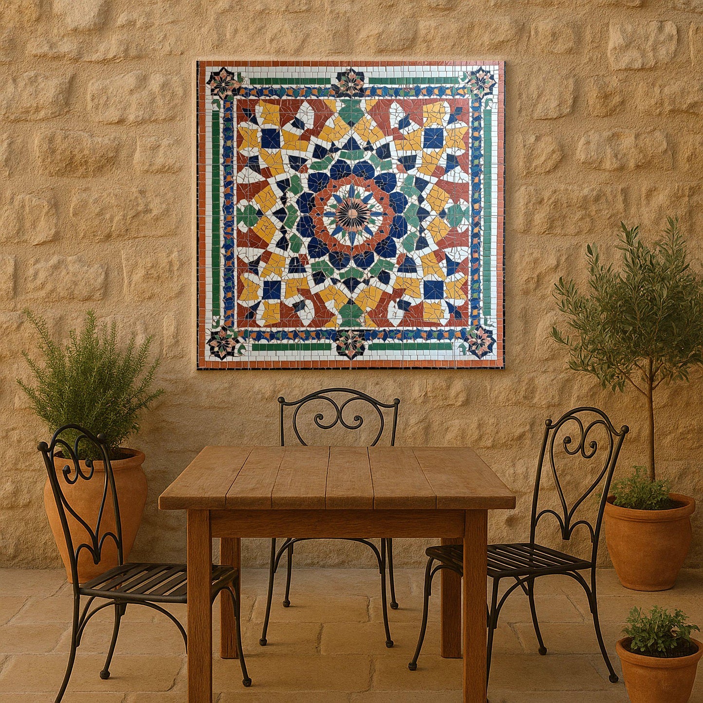 Moroccan ceramic mural with zellige mosaic: artwork with multicolored geometric tiles, Islamic arabesque mural art, decorative ceramic panel