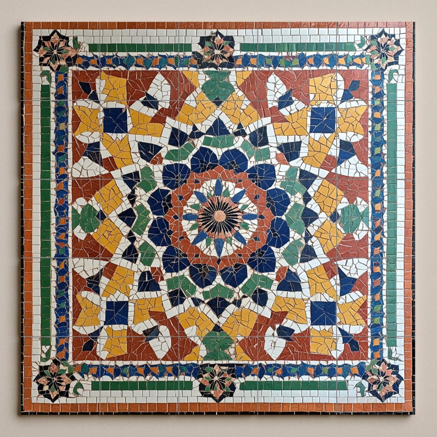 Moroccan ceramic mural with zellige mosaic: artwork with multicolored geometric tiles, Islamic arabesque mural art, decorative ceramic panel