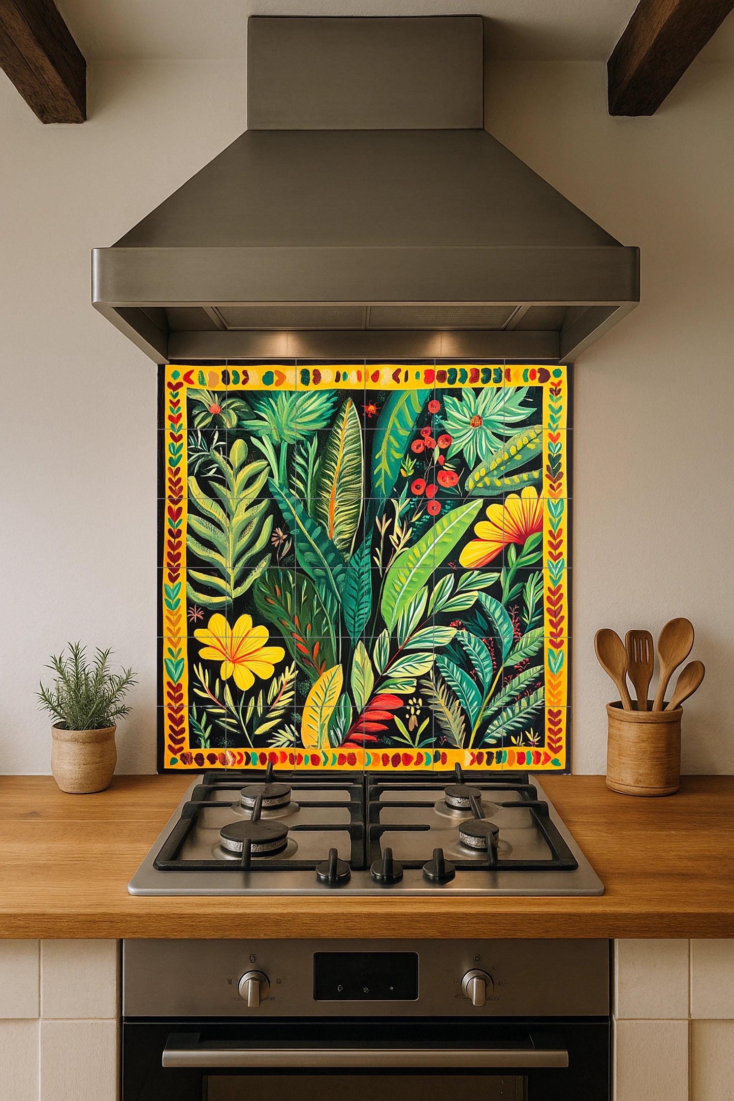 Colombian ceramic mural with tropical foliage: vibrant artwork with botanical tiles, folk-inspired jungle panel, colorful decorative ceramic
