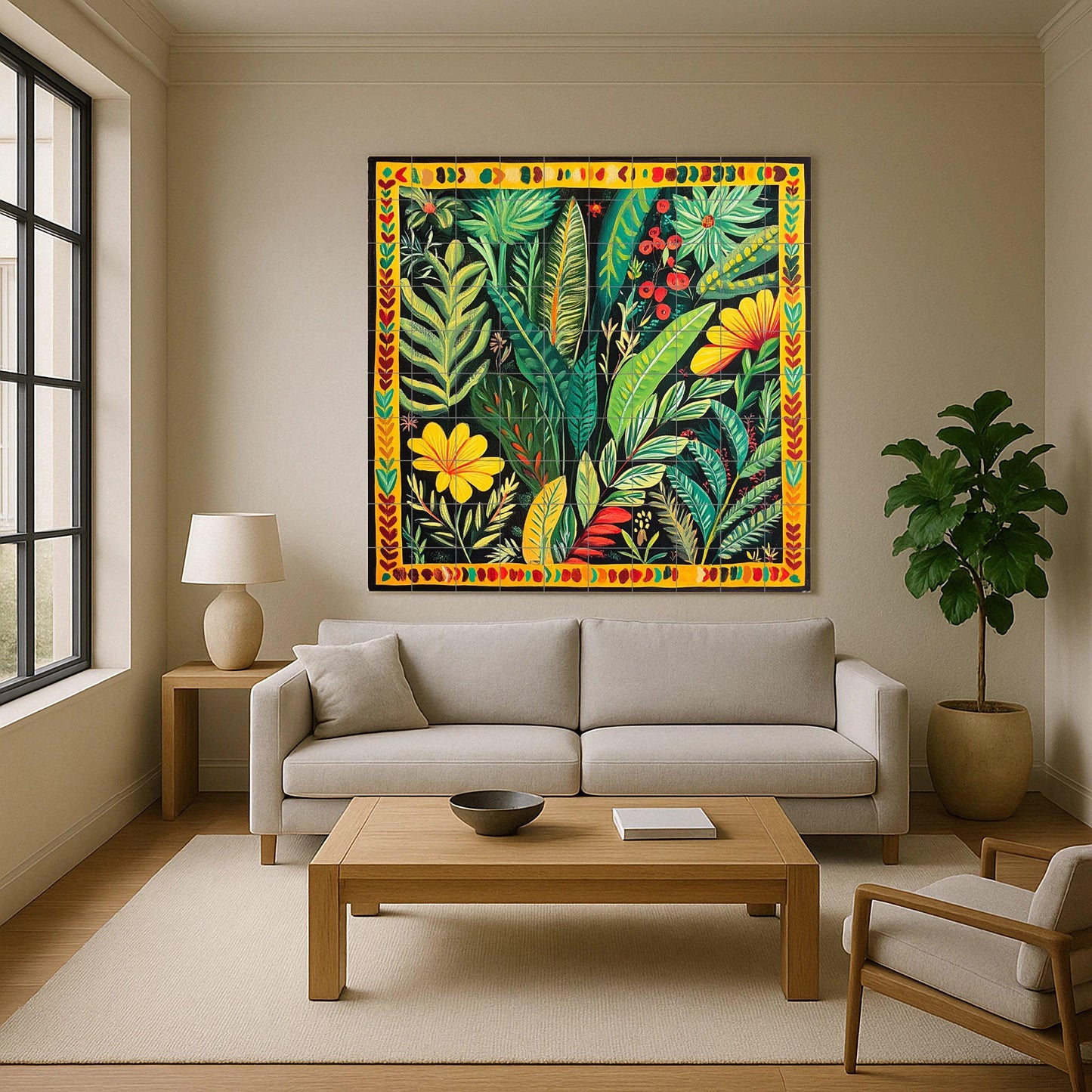 Colombian ceramic mural with tropical foliage: vibrant artwork with botanical tiles, folk-inspired jungle panel, colorful decorative ceramic