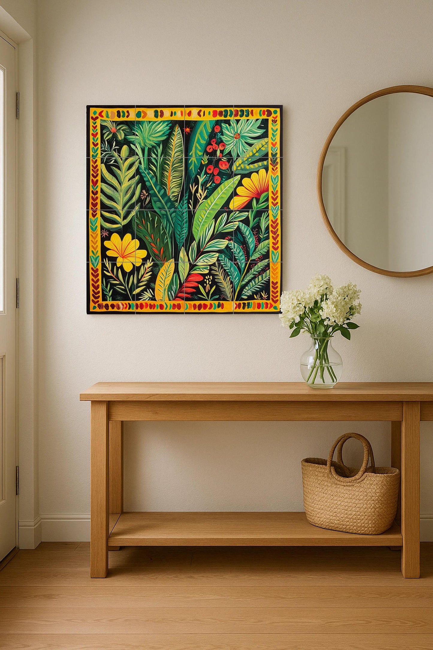 Colombian ceramic mural with tropical foliage: vibrant artwork with botanical tiles, folk-inspired jungle panel, colorful decorative ceramic