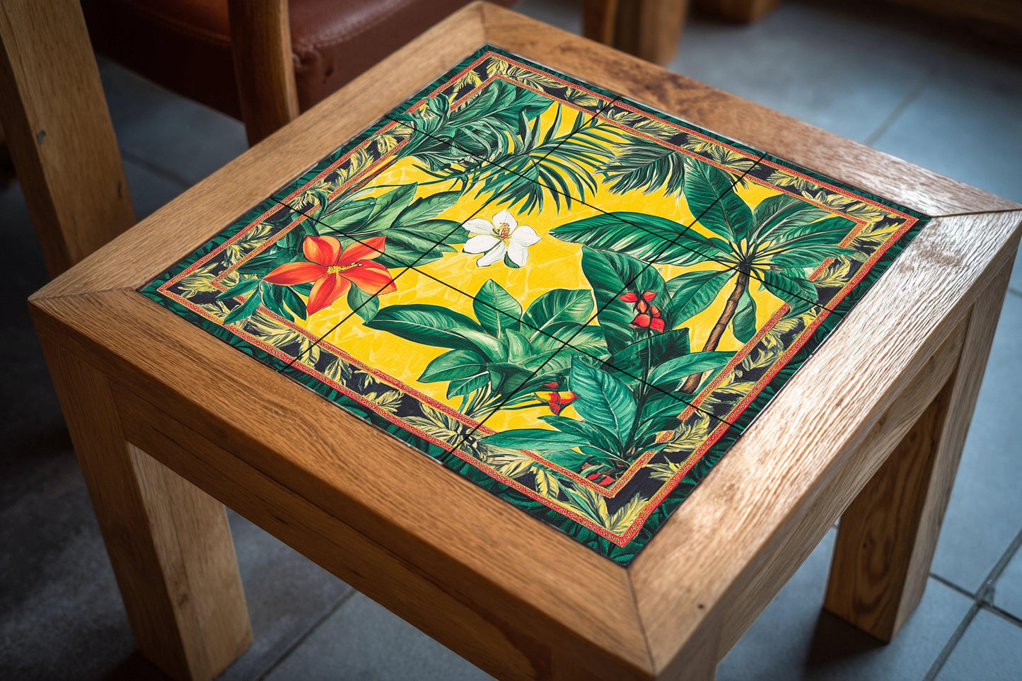 Brazilian ceramic mural with tropical flowers: vibrant artwork with jungle tiles, exotic Amazonian panel, colorful decorative wall art.