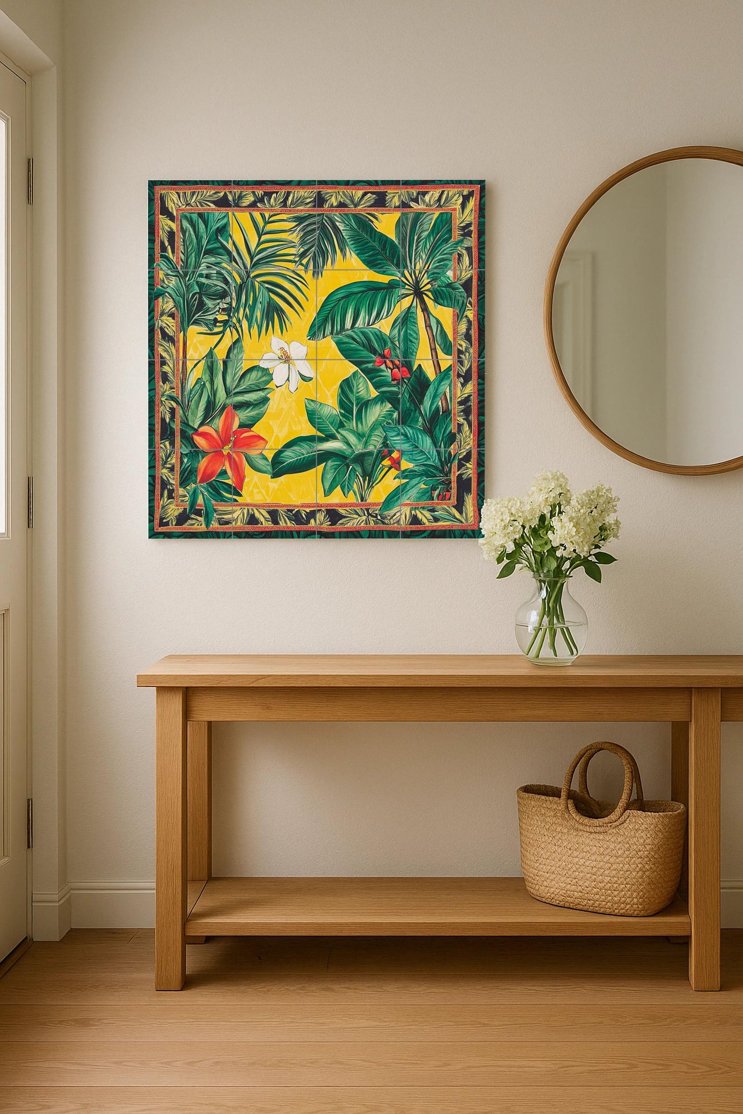 Brazilian ceramic mural with tropical flowers: vibrant artwork with jungle tiles, exotic Amazonian panel, colorful decorative wall art.