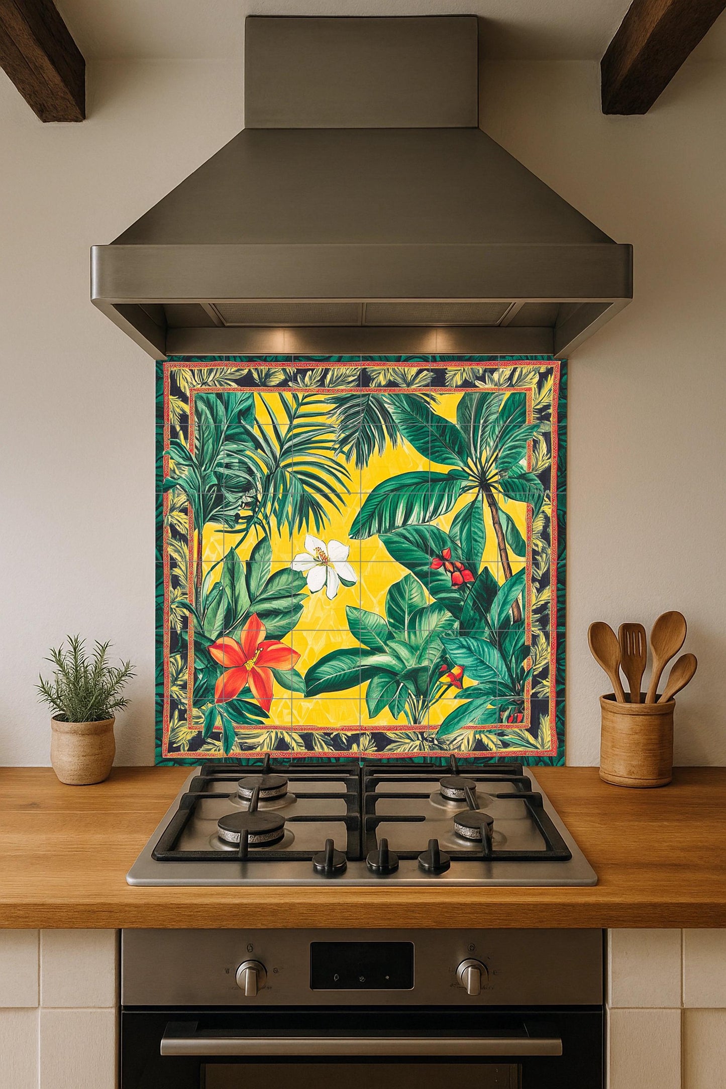 Brazilian ceramic mural with tropical flowers: vibrant artwork with jungle tiles, exotic Amazonian panel, colorful decorative wall art.