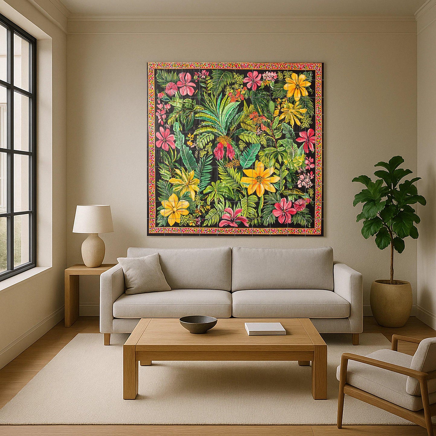 Tropical ceramic mural with exotic flowers: vibrant artwork with jungle tiles, colorful botanical panel, lush decorative ceramic wall art.