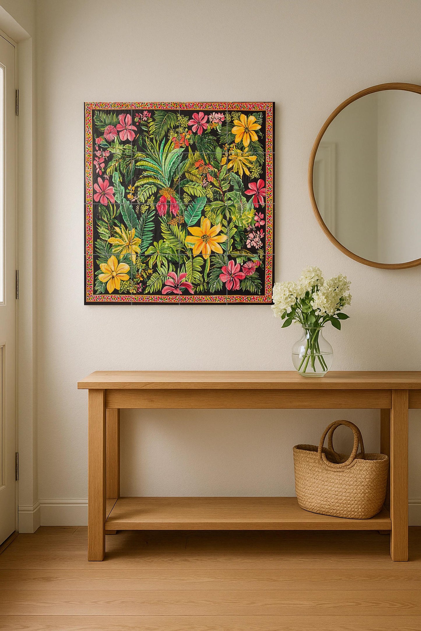 Tropical ceramic mural with exotic flowers: vibrant artwork with jungle tiles, colorful botanical panel, lush decorative ceramic wall art.