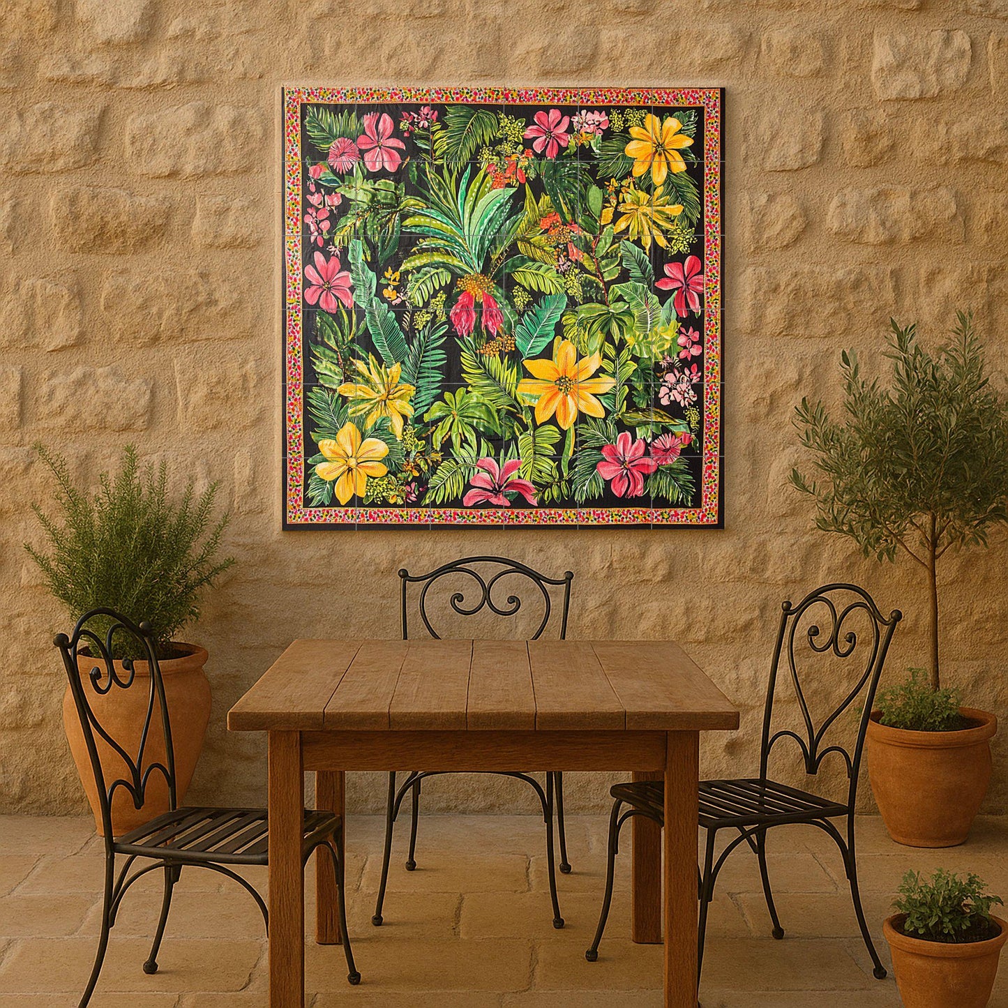 Tropical ceramic mural with exotic flowers: vibrant artwork with jungle tiles, colorful botanical panel, lush decorative ceramic wall art.