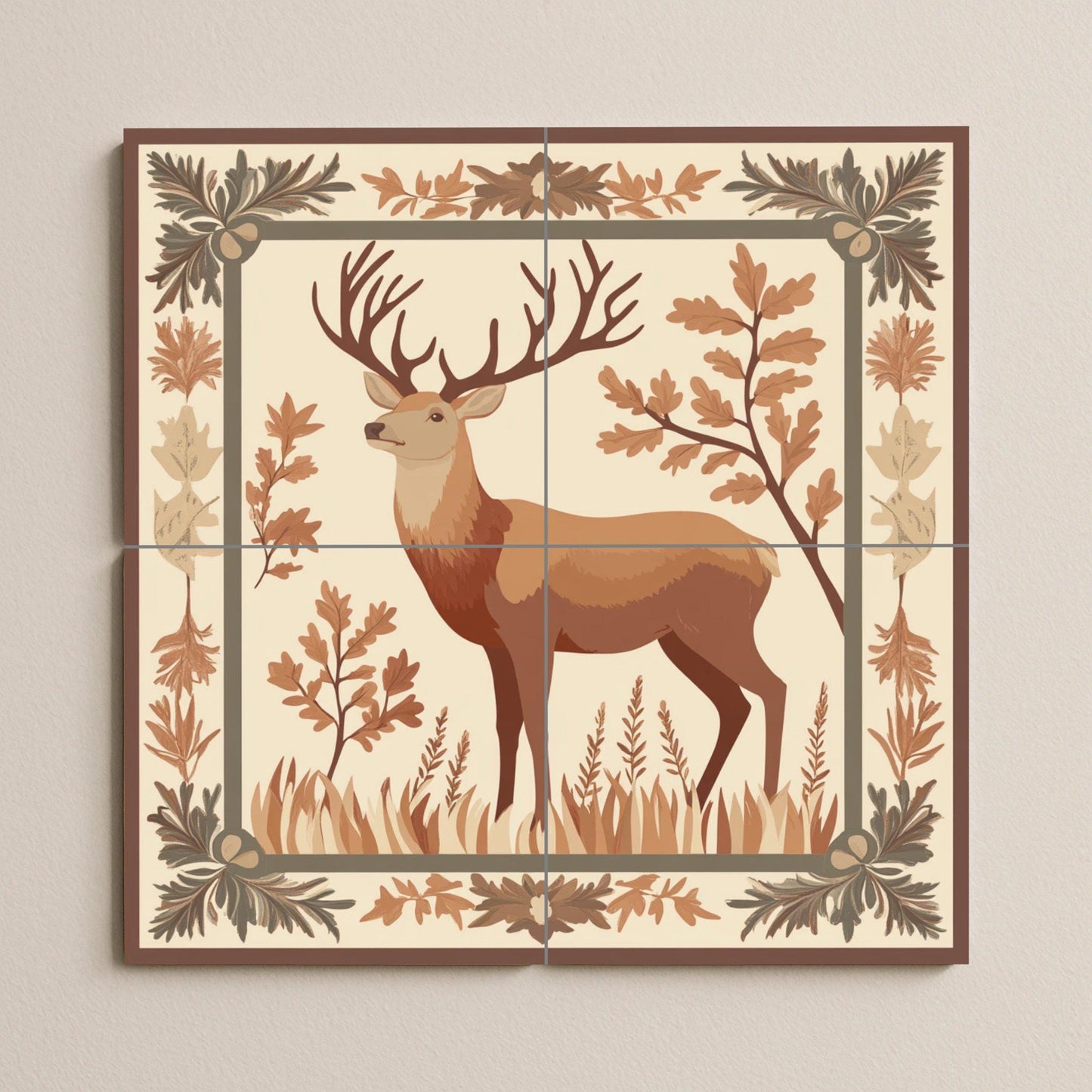 Deer ceramic mural in a forest frame: rustic artwork with forest tiles, nature heraldic panel, autumnal ceramic decorative wall art.