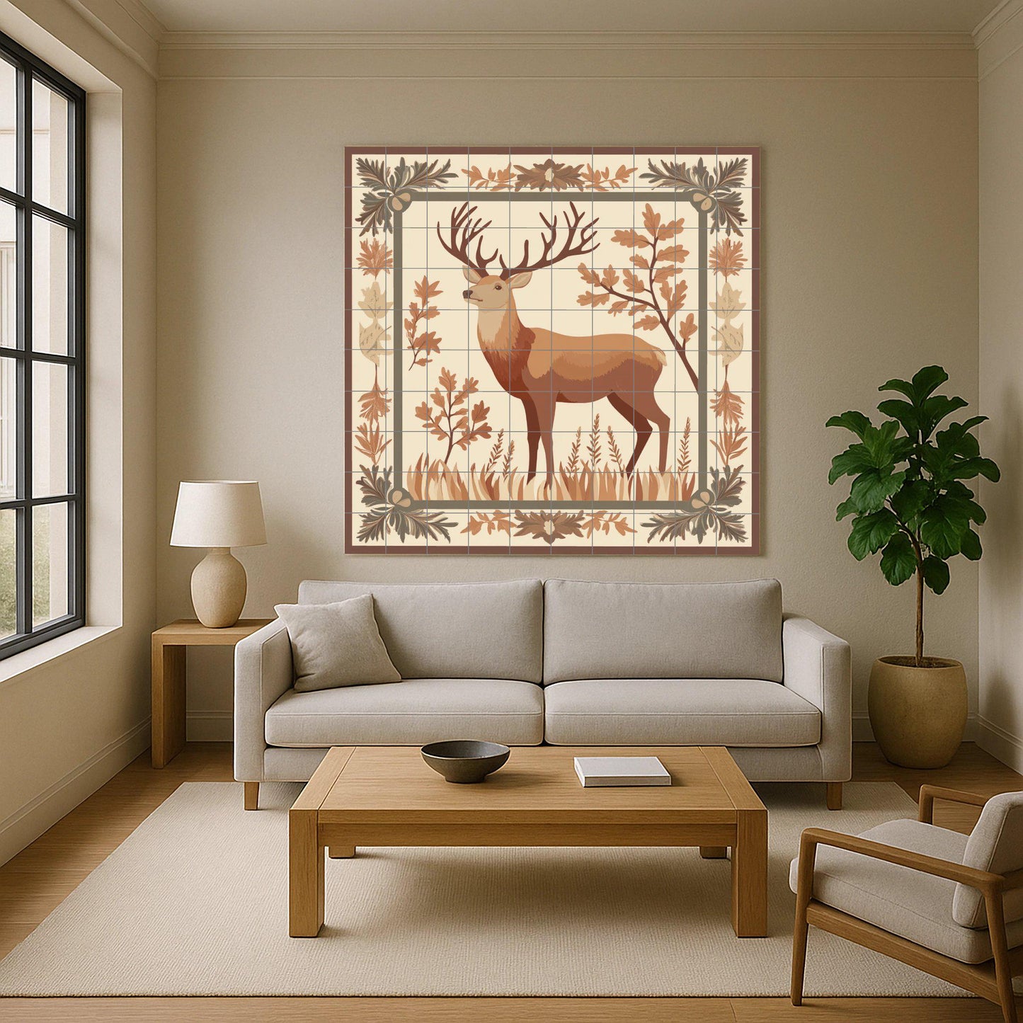 Deer ceramic mural in a forest frame: rustic artwork with forest tiles, nature heraldic panel, autumnal ceramic decorative wall art.