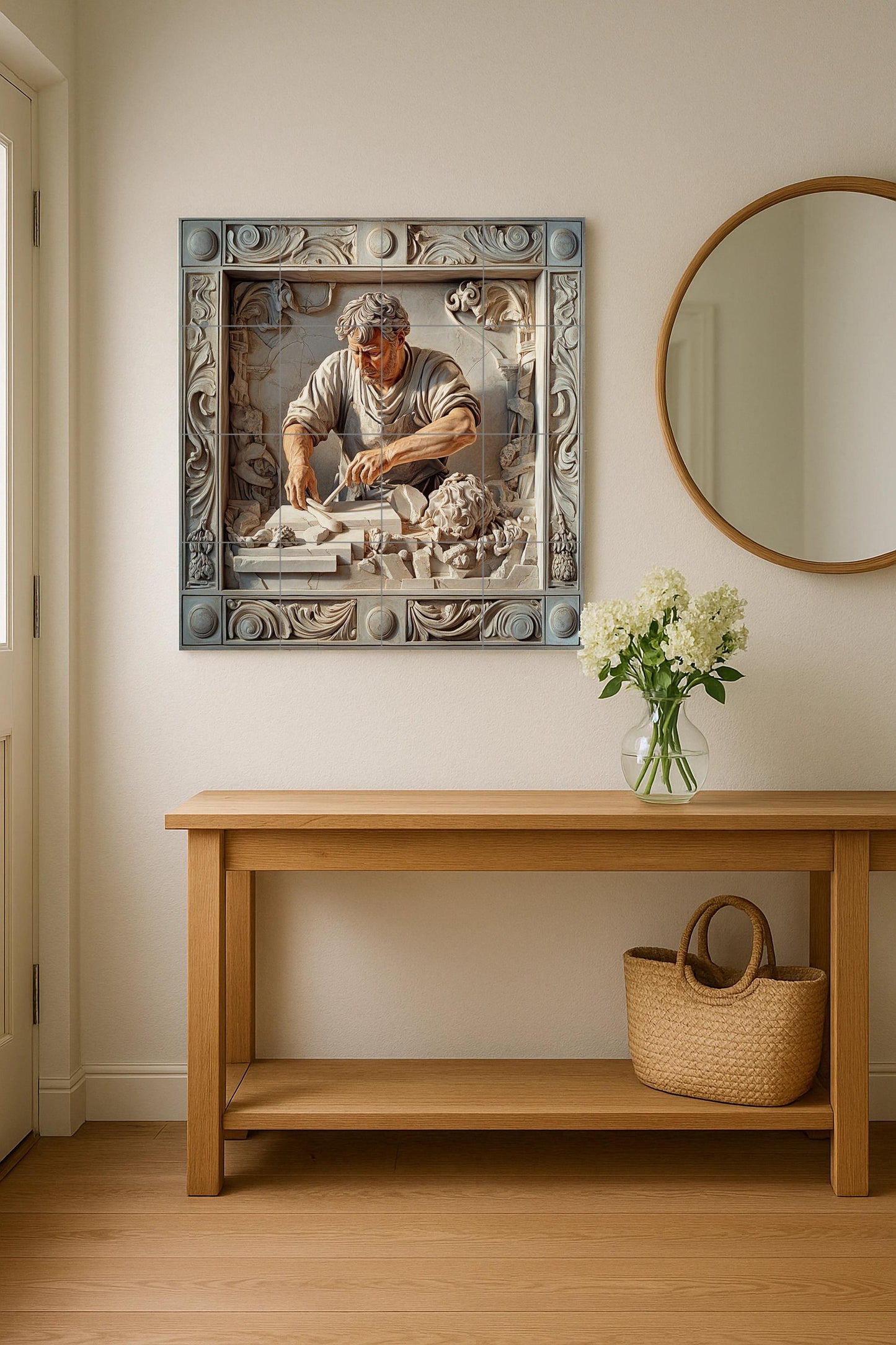 Ceramic mural by a marble sculptor: Renaissance-inspired tile artwork, Michelangelo-style handcrafted panel, classic decorative wall art.