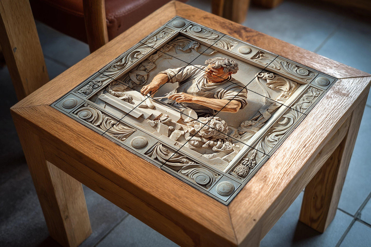 Ceramic mural by a marble sculptor: Renaissance-inspired tile artwork, Michelangelo-style handcrafted panel, classic decorative wall art.