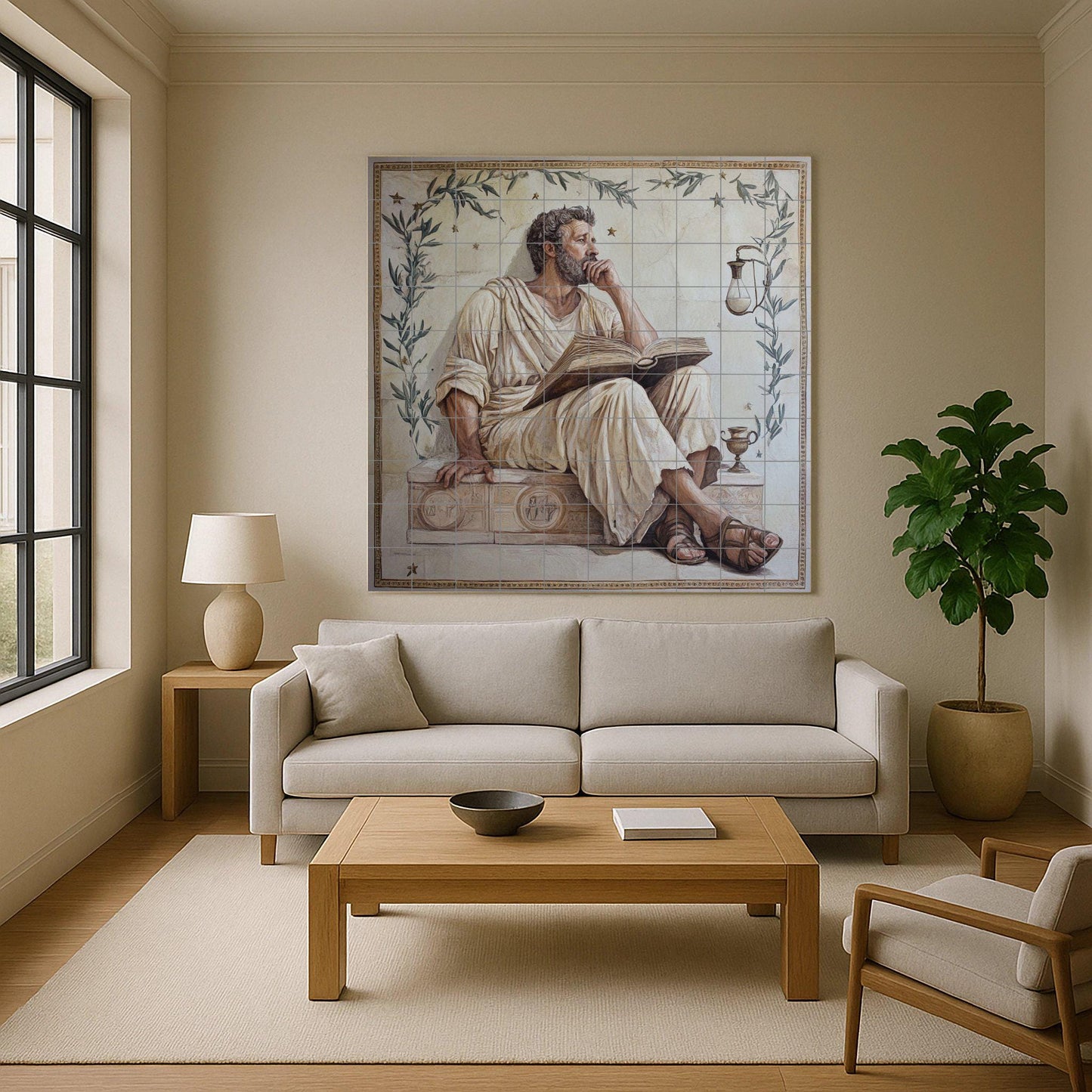 Stoic ceramic mural of a philosopher with a book: Classical Greco-Roman wall art, meditative tile panel, ancient decorative ceramic