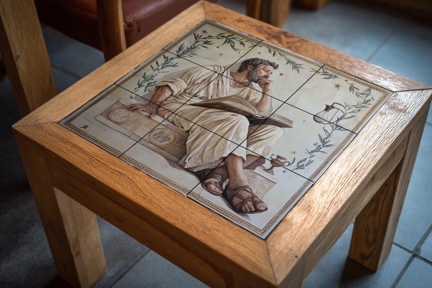 Stoic ceramic mural of a philosopher with a book: Classical Greco-Roman wall art, meditative tile panel, ancient decorative ceramic