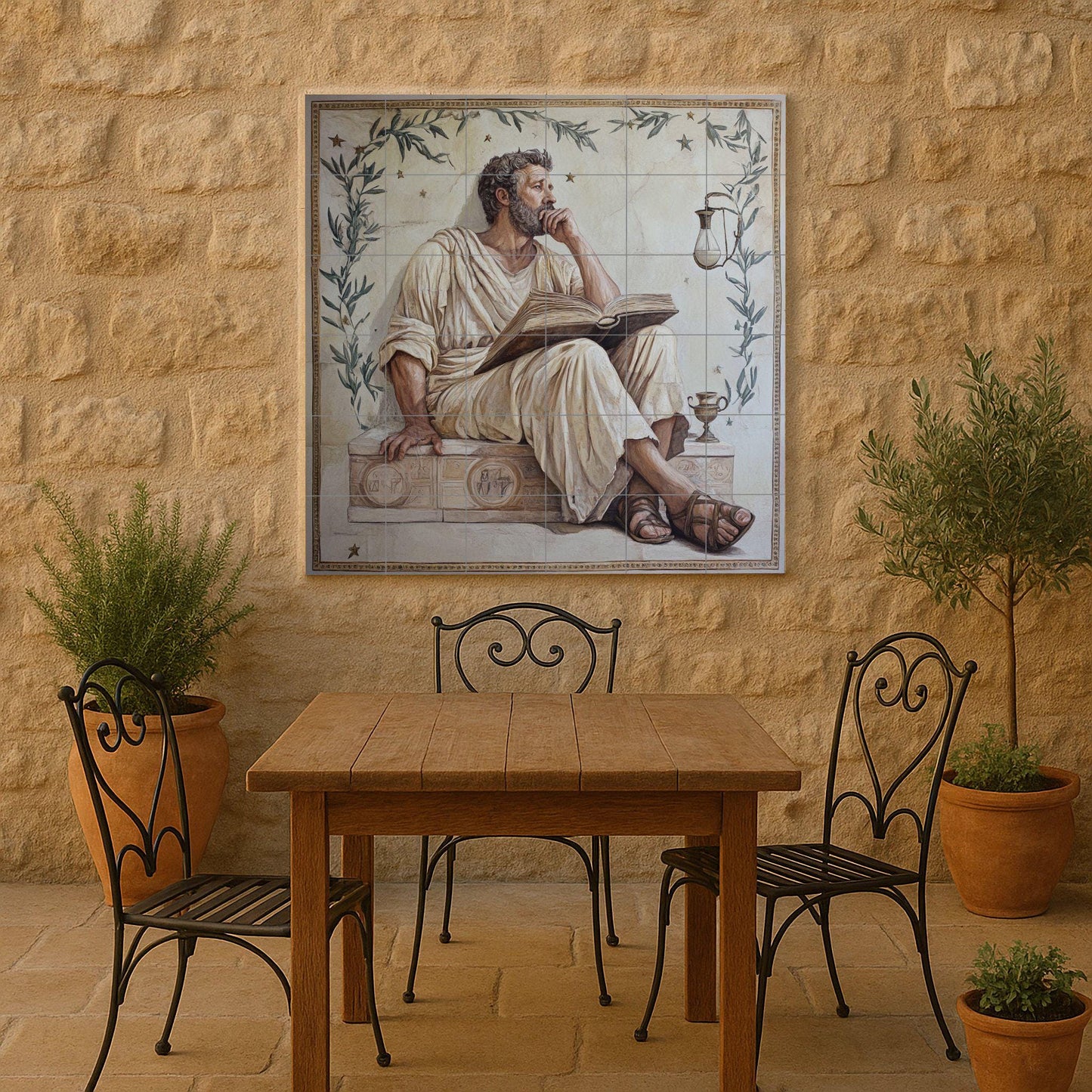 Stoic ceramic mural of a philosopher with a book: Classical Greco-Roman wall art, meditative tile panel, ancient decorative ceramic