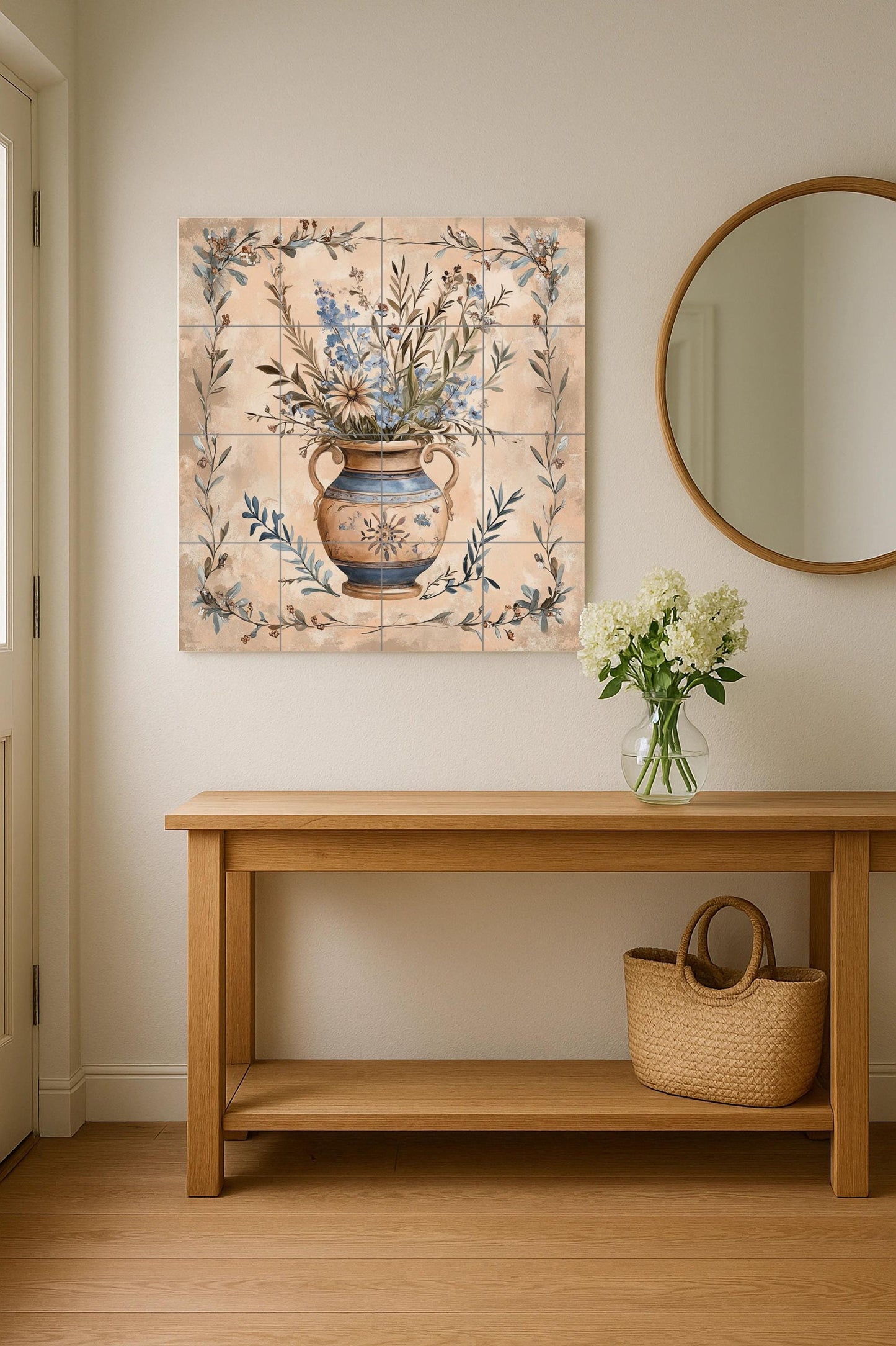 Tuscan ceramic mural with floral vase: Provencal artwork with tiles, Mediterranean botanical elegance, decorative panel of handcrafted ceramics.
