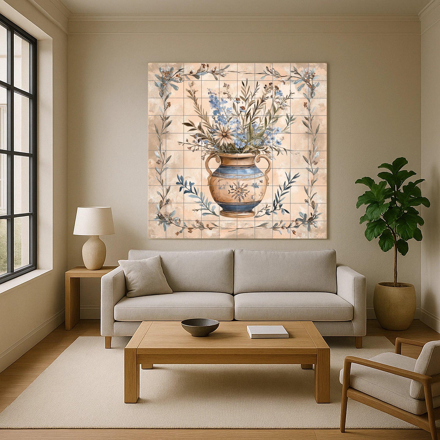 Tuscan ceramic mural with floral vase: Provencal artwork with tiles, Mediterranean botanical elegance, decorative panel of handcrafted ceramics.