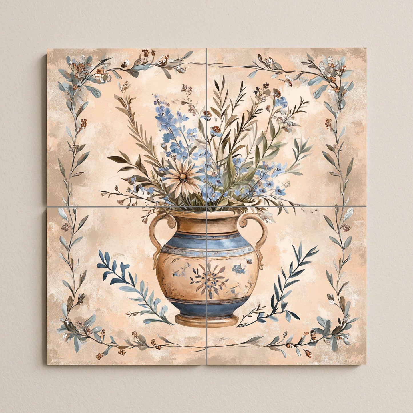 Tuscan ceramic mural with floral vase: Provencal artwork with tiles, Mediterranean botanical elegance, decorative panel of handcrafted ceramics.